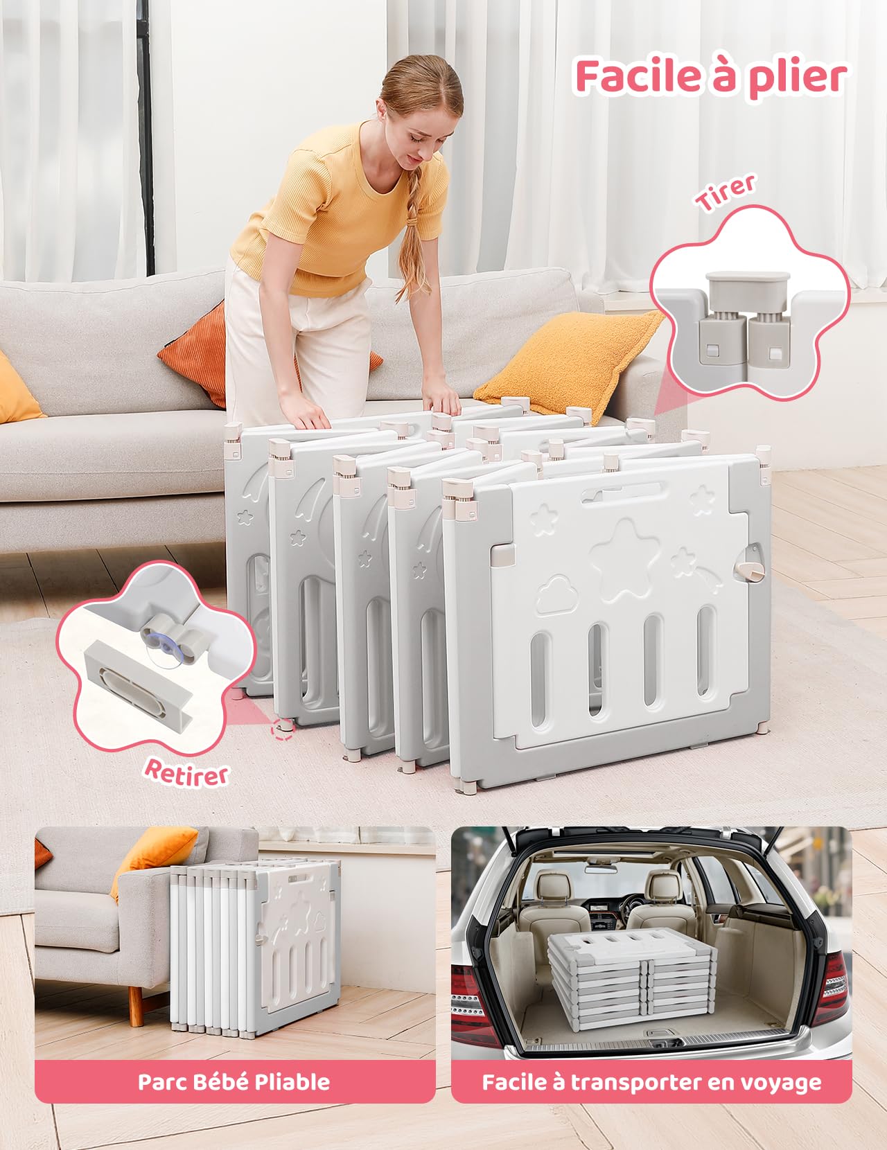 Dripex Parc Bébé Modulable et Pliable 190x190cm, Parc Enfant avec Porte et Panneau d'Activité, Gris (18 Panneaux)