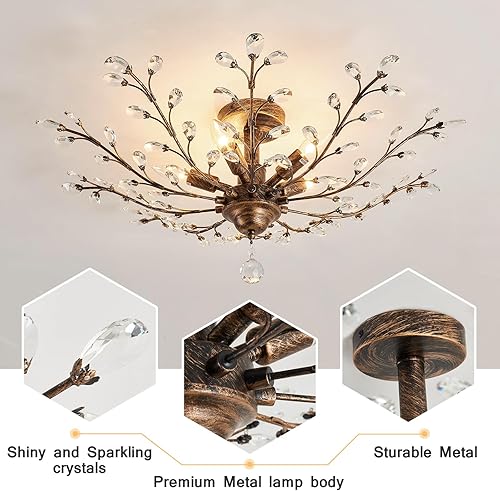 Miniatura 5 de CVKASH 5 - Lámpara de araña de cristal vintage moderna con ramas de bronce para techo, casa de campo para cocina, comedor, sala de estar,