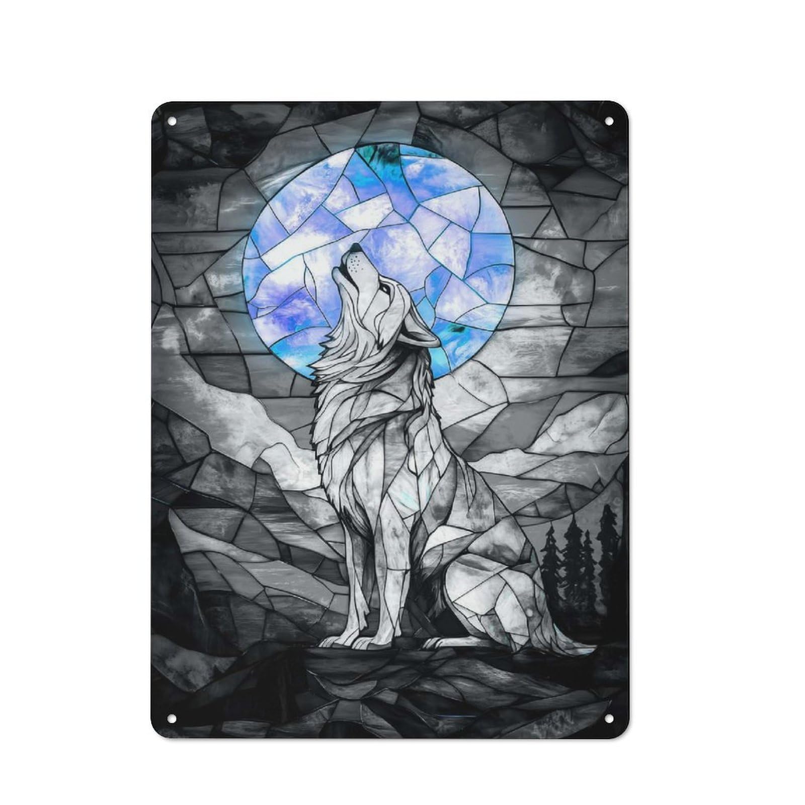 Tin Sign with Stained Glass Wolf Design 40x30cm, Garage Style Garage Wall Decor for Garage, Hobby Room, Office Or Man Cave
