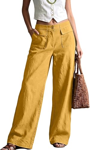 Straight Leg Linen Pants for Women Wide Leg High Waist Baggy Loose Fit Pant Cott