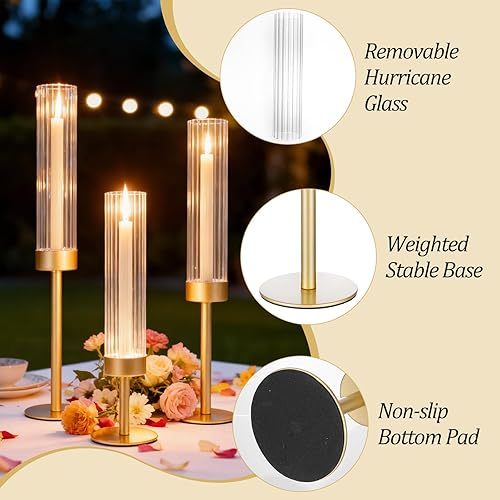 Miniatura 3 de Juego de 3 portavelas dorados de huracán juego de 6 portavelas de latón para candelabros altos para candelabros, candelabros, decoración para centro