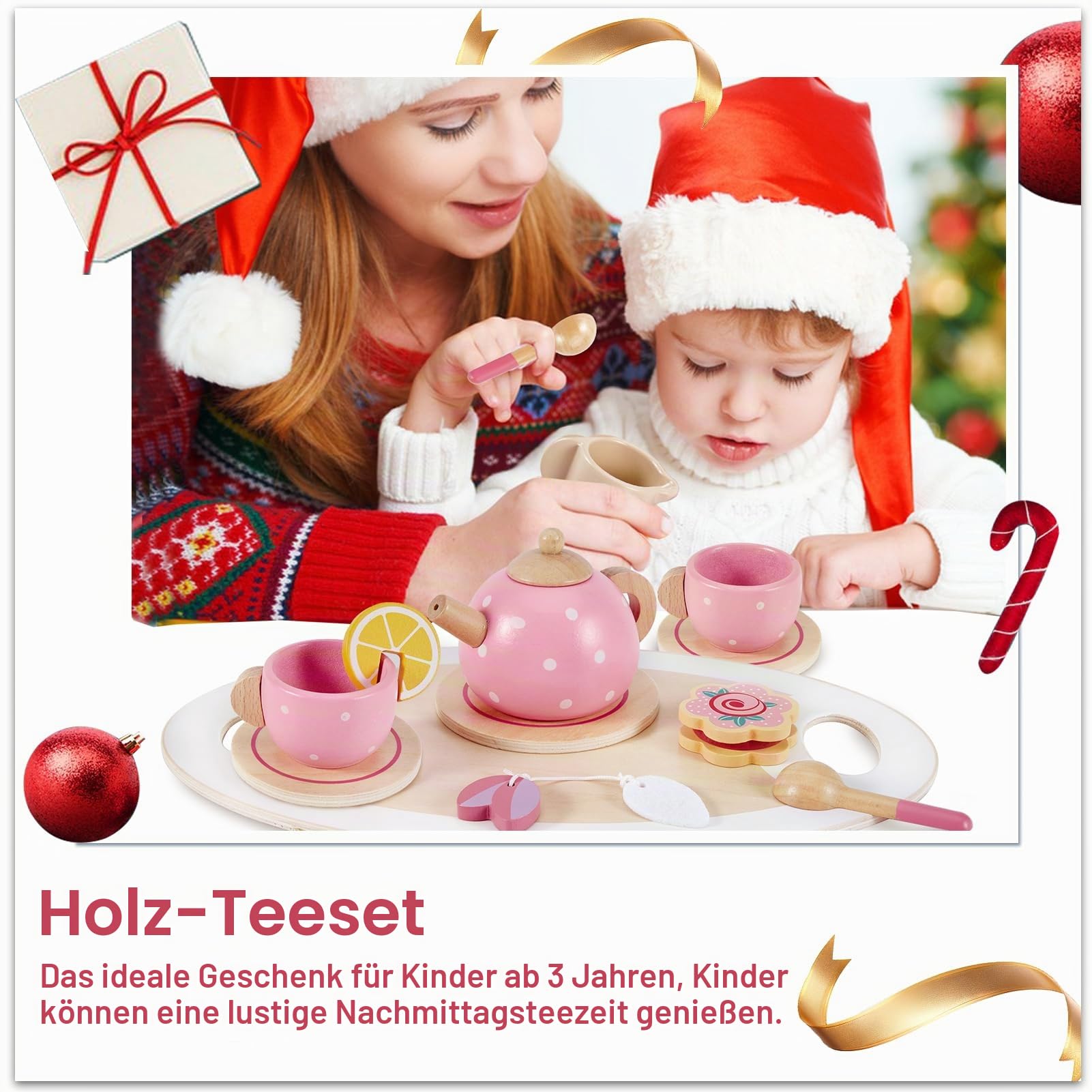 AOLEVA Teeservice Kinder Holz Spielküche Zubehör, Tee Set Teeparty Kinderküche Holzspielzeug Kindergeschirr Rollenspiele Geschenk für Kinder Mädchen Jungen, Rosa