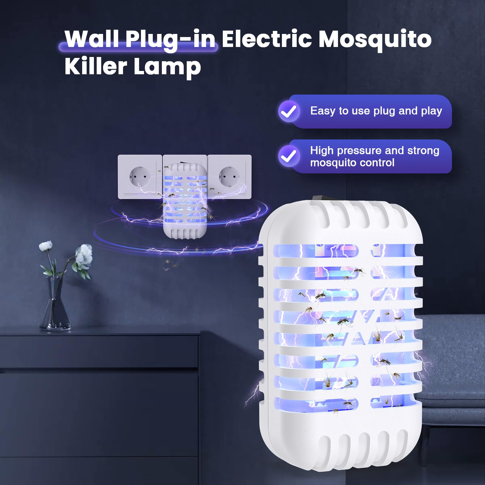 2 Pack Mückenstecker, Insektenvernichter Elektrischer mit UV-Licht, Mückenlampe für Mücken Fliegen Motten, Elektrischer Insekten-Schutz für Mücken, Motten, Fliege, Spinnen