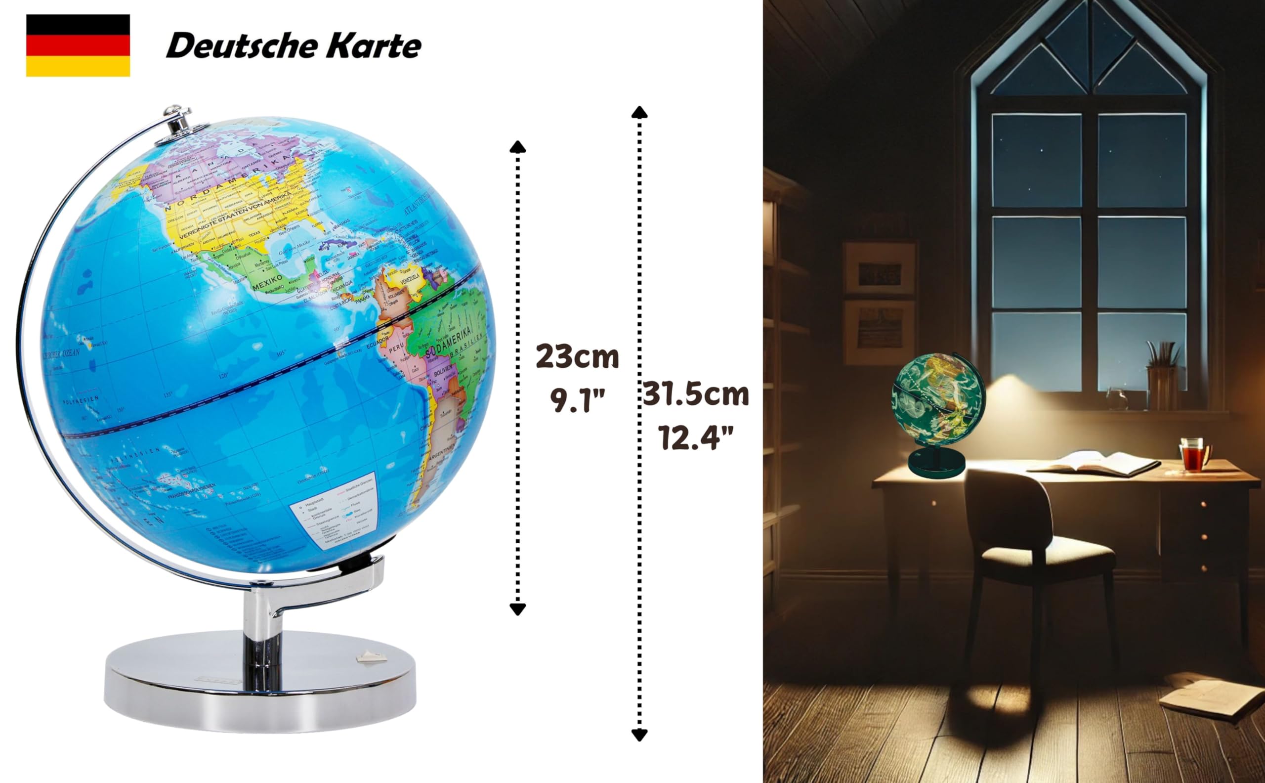 Exerz 23cm Leuchtglobus Metallsockel - Deutsche Karte - Schülerglobus Mit Kabelfreier LED-Beleuchtung Bei - Politische Karte (Tageszeit) - Konstellation Sterne (Nacht)
