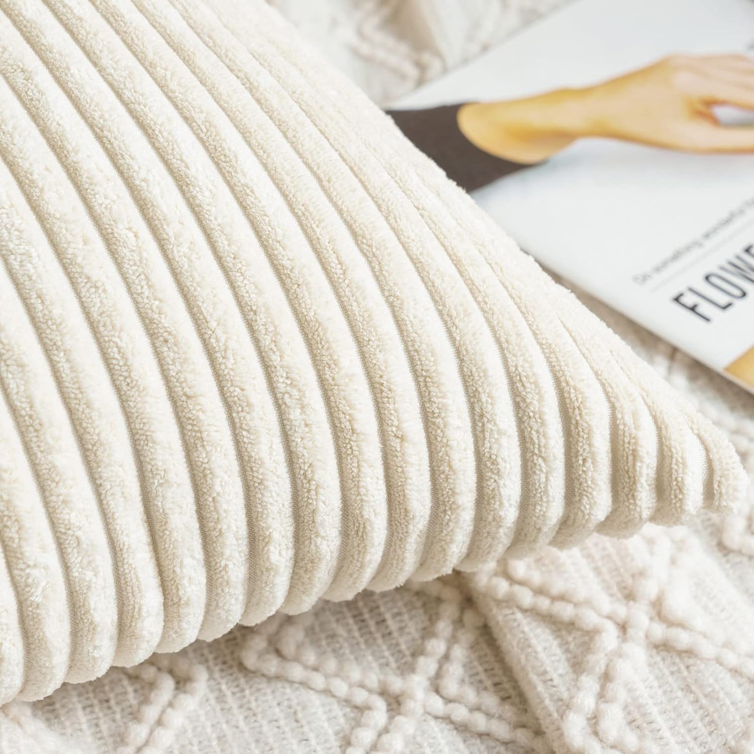 MIULEE Pack of 2, Corduroy Soft Soild Decorative Square Throw Pillow Covers Set Cushion Cases Pillowcases for Sofa Car 18 x 18 Inch Cream White Bundle Cream White Fleece Blanket 50x60 inch