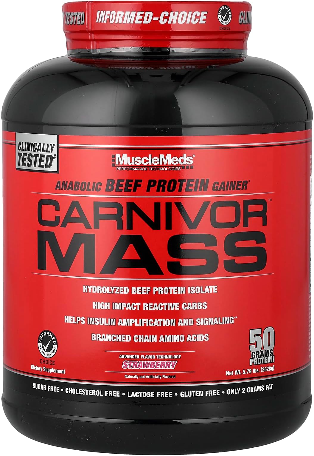 MuscleMeds Carnivor Mass Anabolic Beef Protein Gainer, Strawberry, 6 Pound
