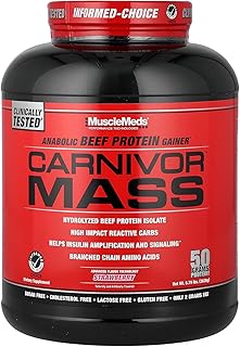 MuscleMeds Carnivor Mass Anabolic Beef Protein Gainer, Strawberry, 6 Pound