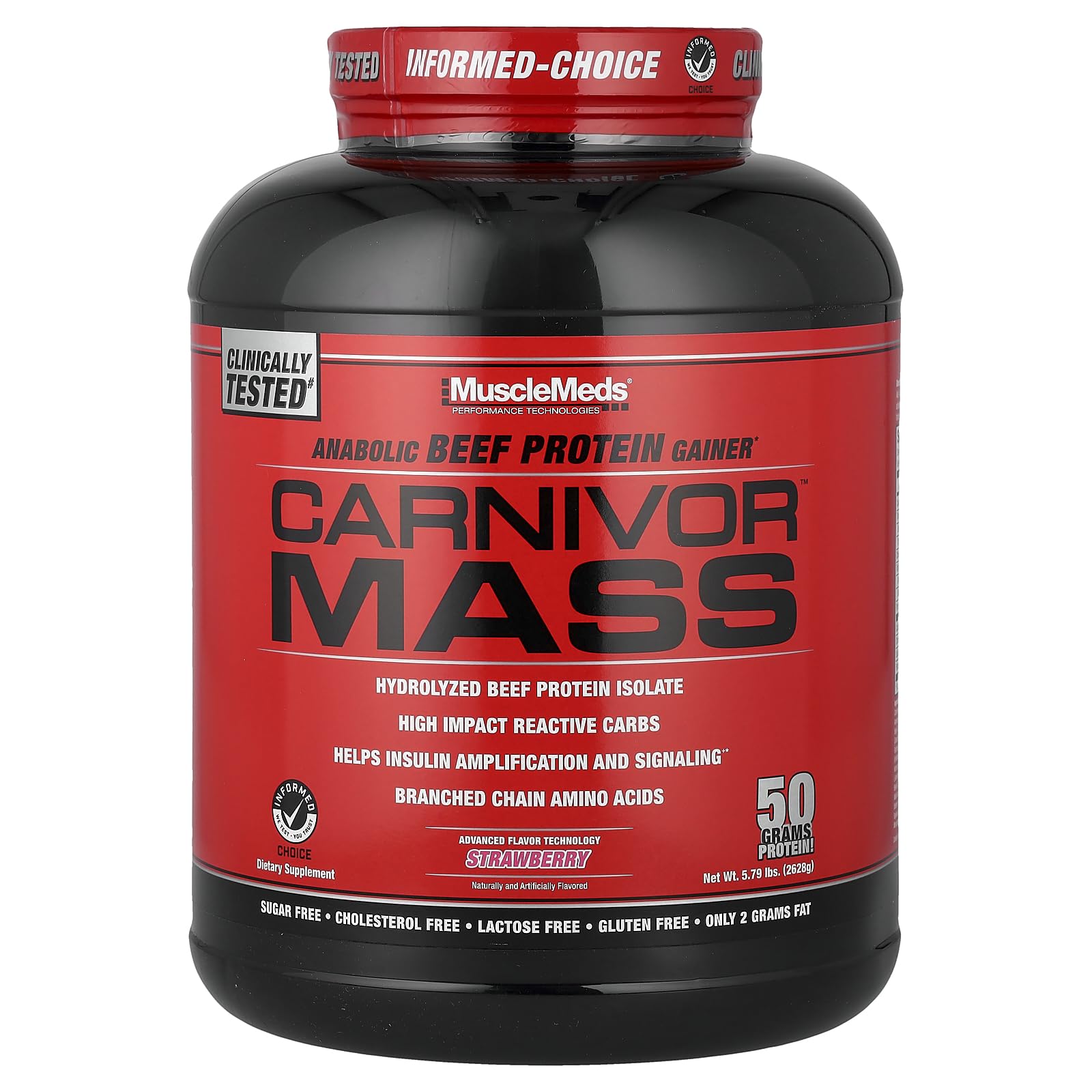 MuscleMeds Carnivor Mass Anabolic Beef Protein Gainer, Strawberry, 6 Pound