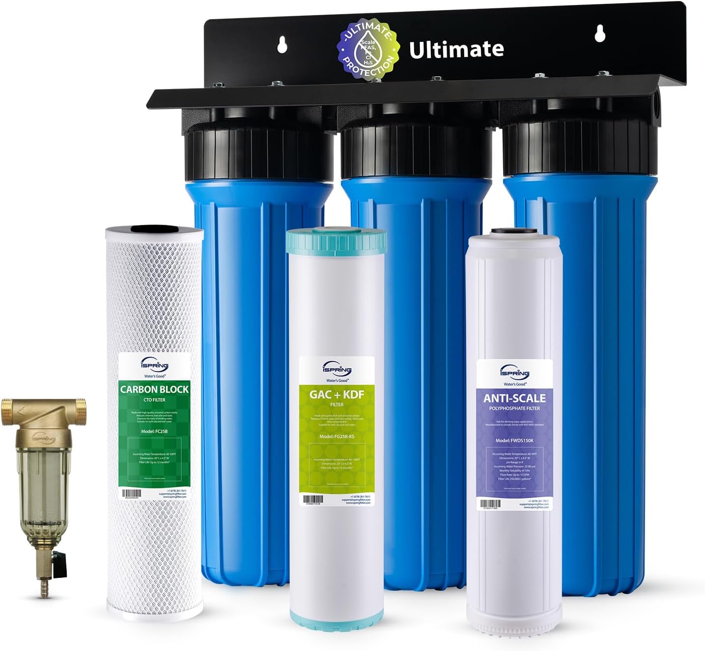 iSpring Whole House Water Filter System w/Spin Down Sediment Filter, Polyphosphate Anti-Scale, GAC+KDF, and Carbon Block Water Filters, Water Descaler and Water Filter, Model: WGB32B-KDS+WSP50