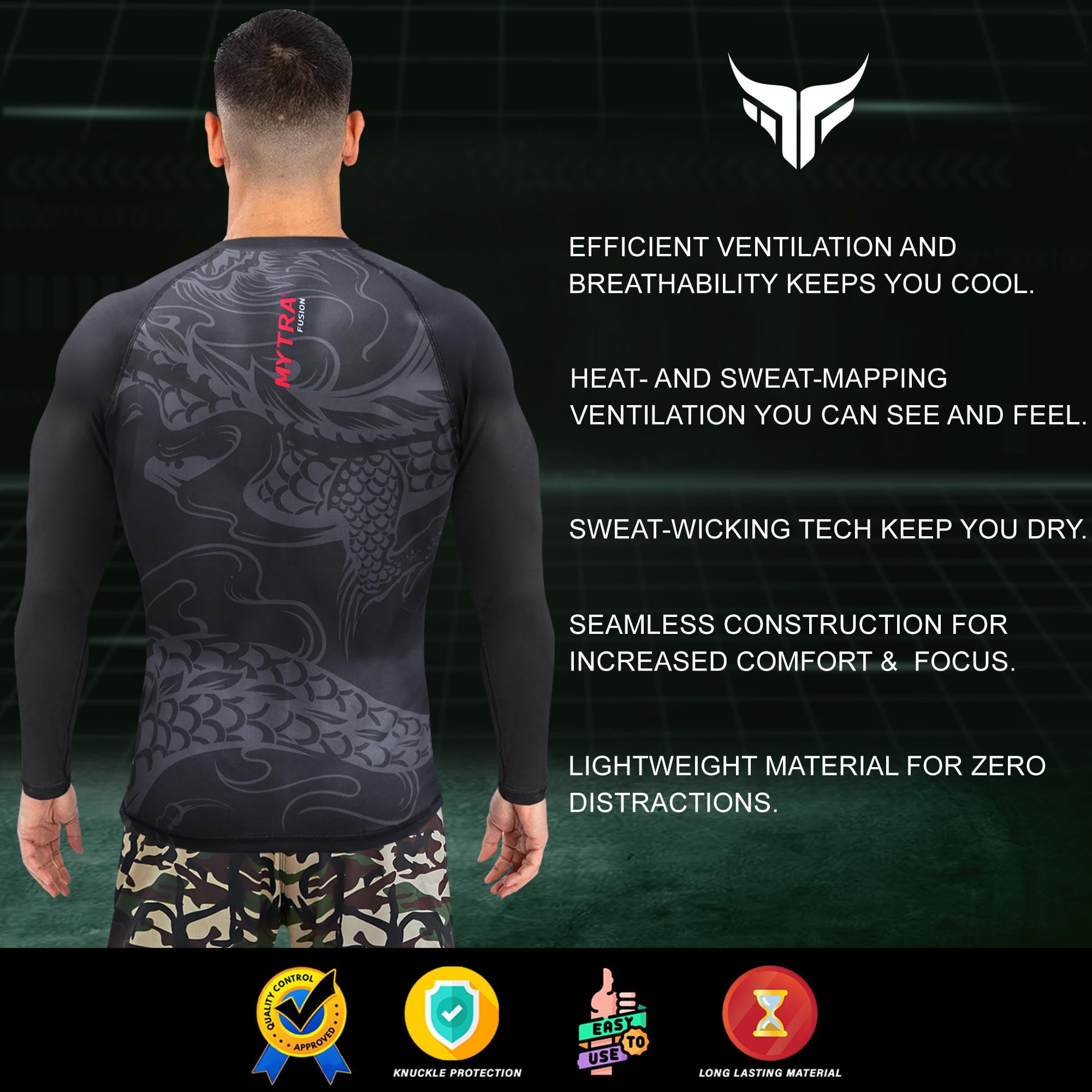 Mytra Fusion Rashguard BJJ Breathable & Ultra Lightweight Maglia Compressione Uomo MMA Rashguard per Palestra, Allenamento, Corsa e Ciclismo