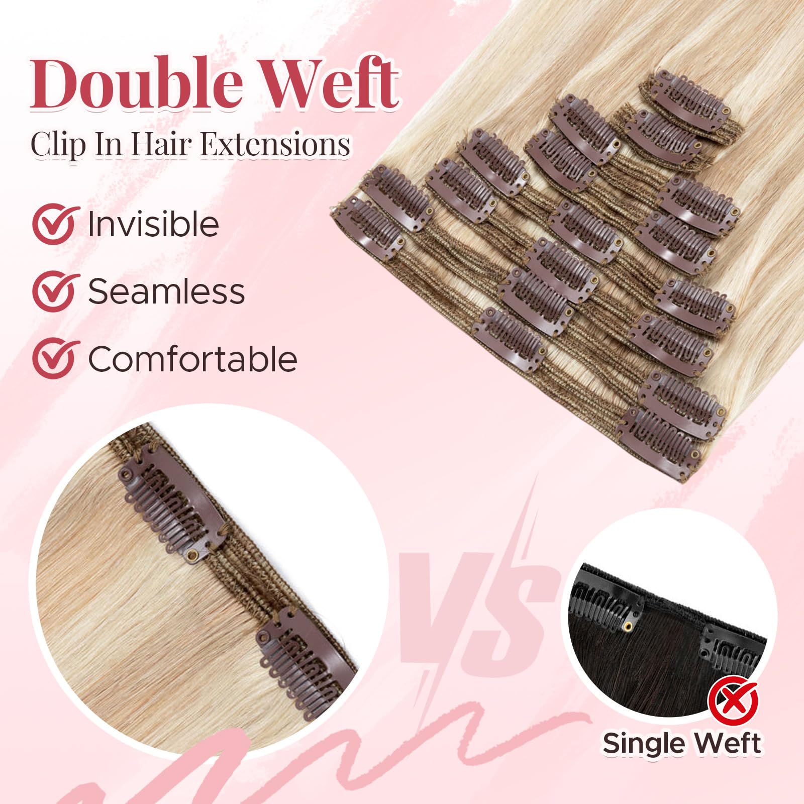 MY-LADY Clip In Extensions Echthaar Doppelt Genähte 8pcs 40cm Haarverlängerung mit Doppelt Tressen Glatte Natürlich für Frauen Clip In Human Hair Extensions Skin Weft (#18P613 Ascheblond/blond, 130g)