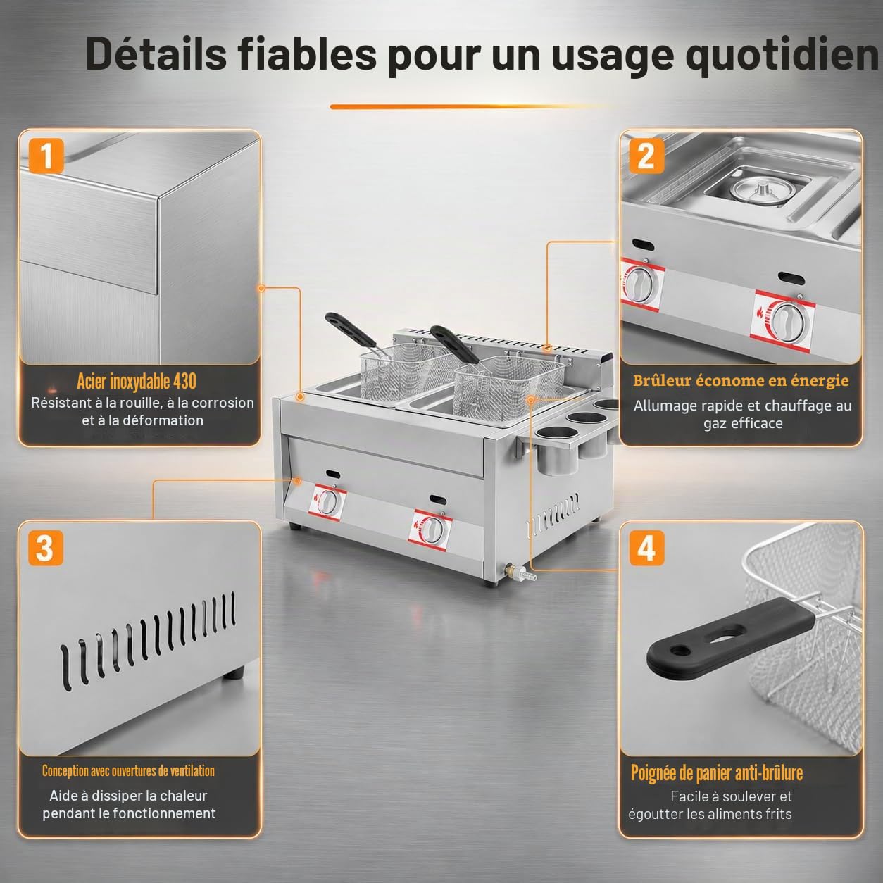 Friteuse à gaz double - 2 x 6 l - En acier inoxydable - Panier amovible - Contrôle de la température indépendant - Friteuse à graisse avec gobelet à épices - Pour usage commercial et privé