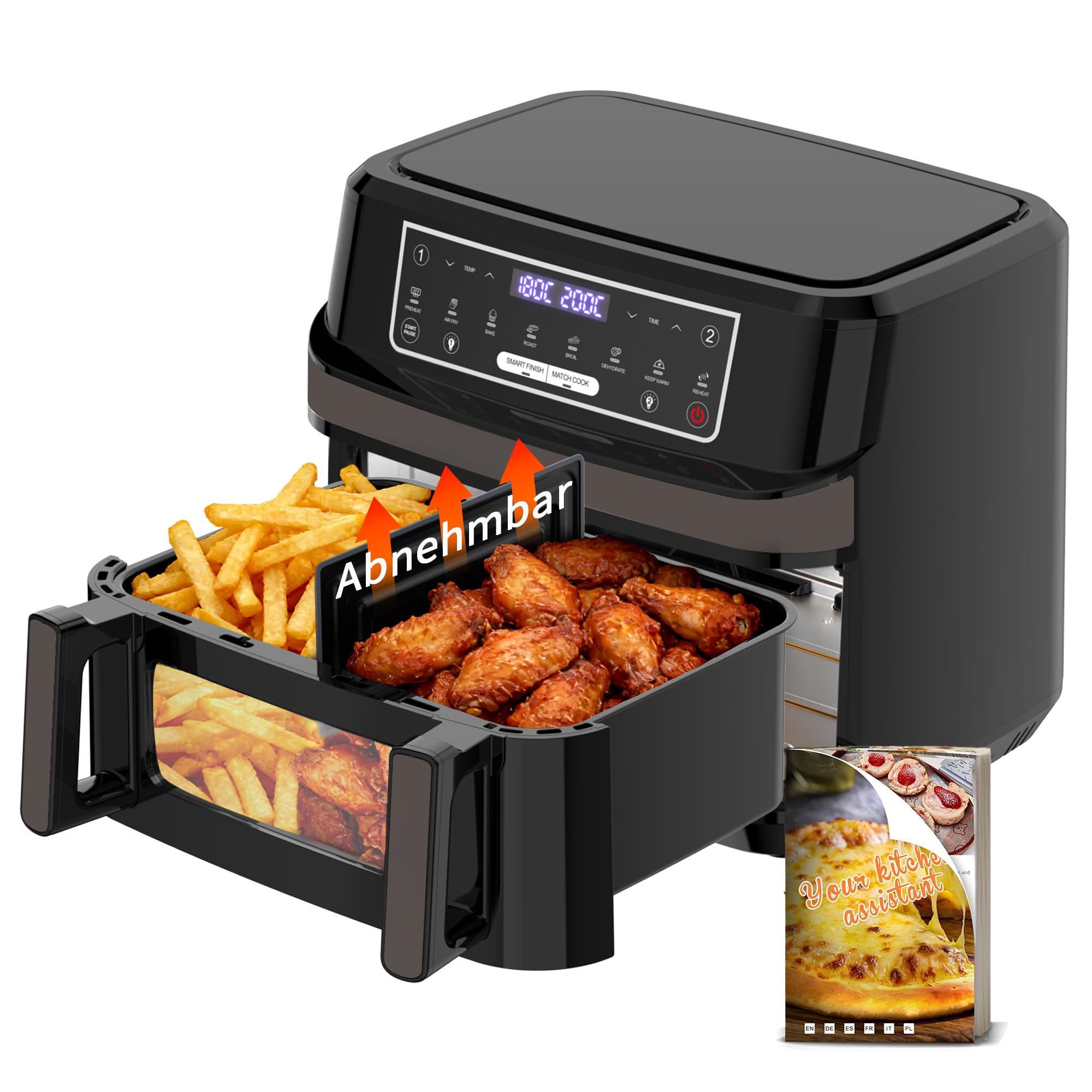 Friggitrice ad Aria 12L XXL con Tecnologia Dual Zone 2-in-1, Air Fryer 2600W con Finestra Visiva & Luce Interna, Smart Finish & Match Cook, 8 Programmi, Divisore & Ricettario Inclusi, Nero