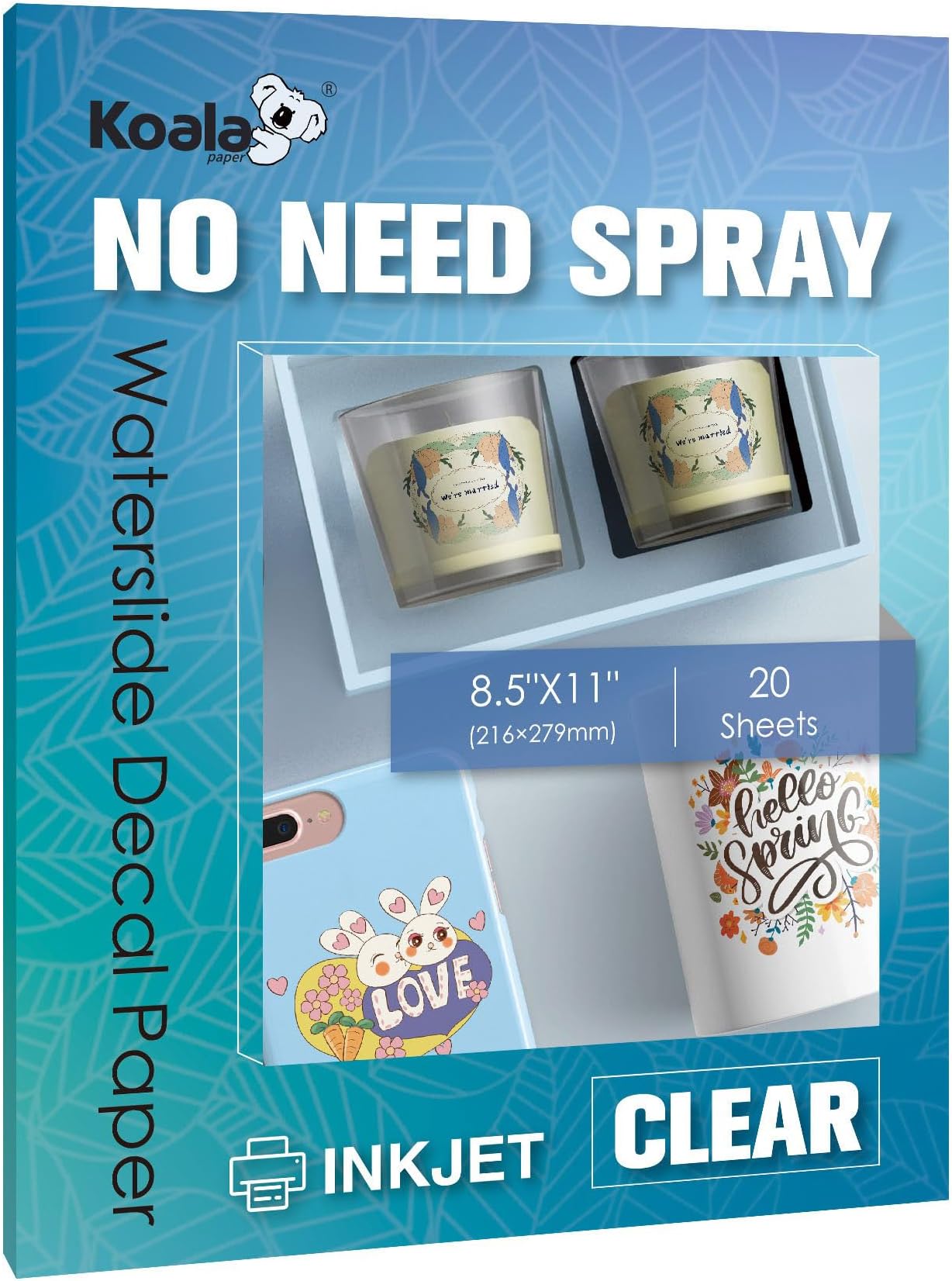 Koala Waterslide Decal Paper Inkjet Clear, No Spray Coating Water Slide Decal Paper for DIY Tumbler, Mug, Nail Crafts, 8.5x11 Inches 20 Sheets