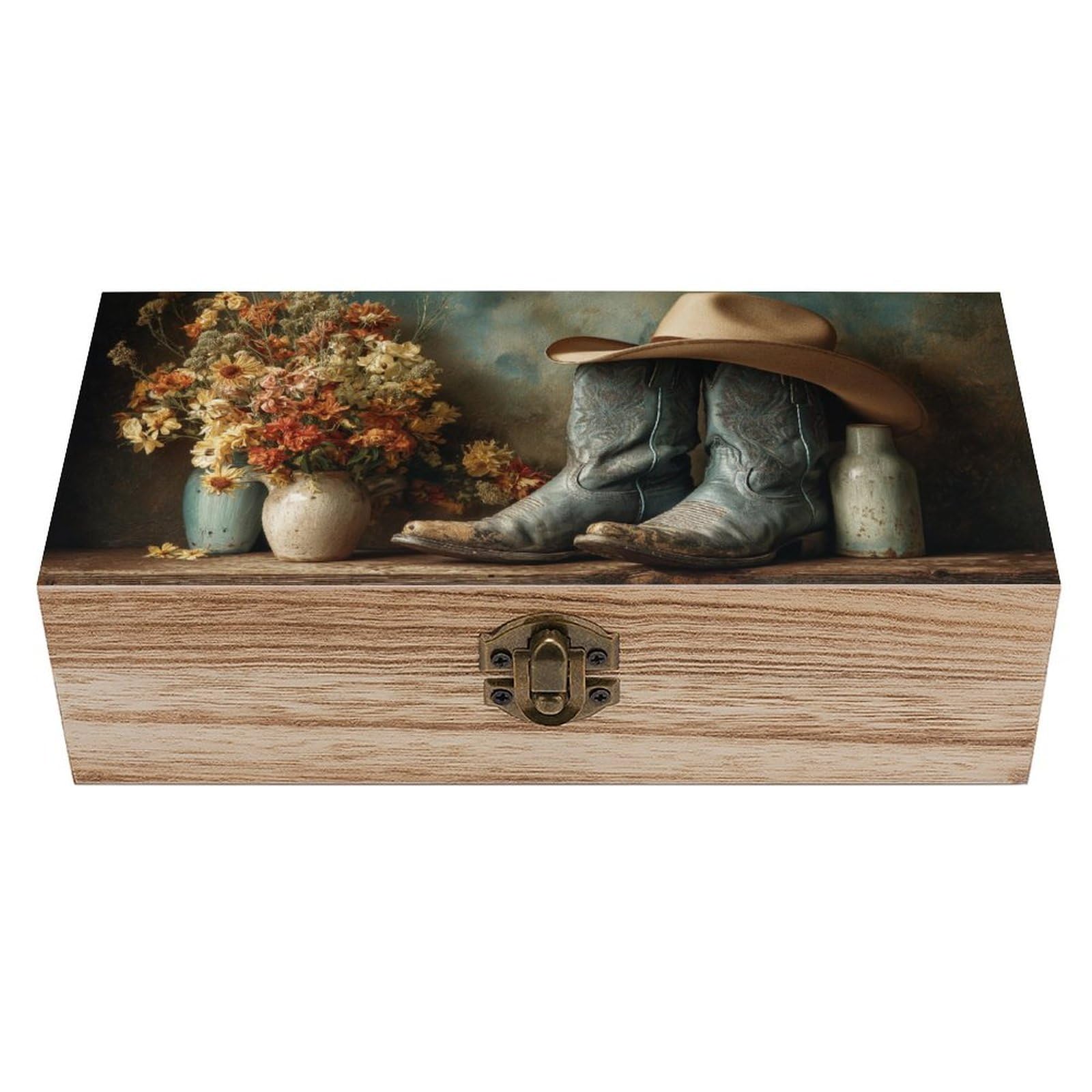 Cowboy Boots Hat Wildflowers Vases Rustic Farmhouse Wooden Storage Box with