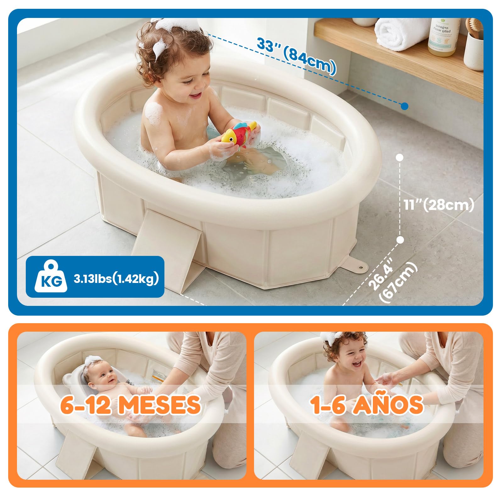 Orzbow Bañera Bebe Plegable, Bañeras para Bebes con Borde Superior Inflable, Bañera Portatil Bebe para Niños de 6 Meses a 6 Años, Estable y Duradera,Fácil de Limpiar, No Requiere Montaje, Blanco crema