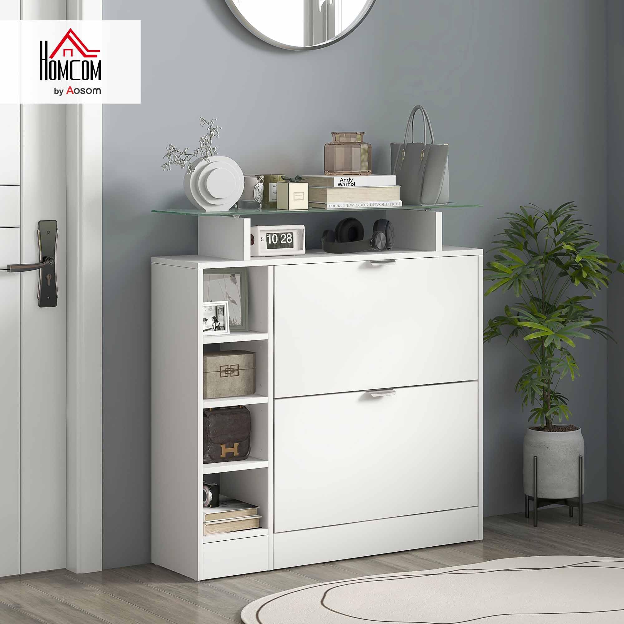 HOMCOM Zapatero Moderno de Entrada con Cajones Abatibles y Estantes Ajustables para 12 Pares de Zapatos, Estrecho para Pasillo y Recibidor 89x25x92 cm Blanco