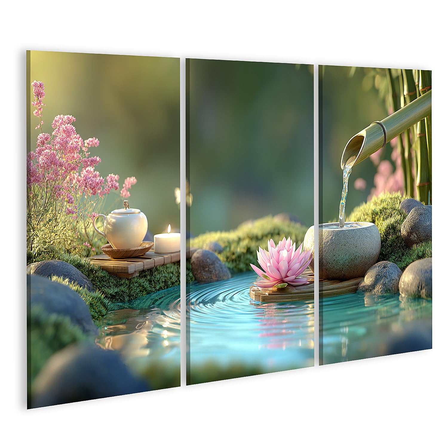 islandburner Quadro su tela, tranquillo giardino zen giapponese, con acqua e fiore di loto, 3 pezzi