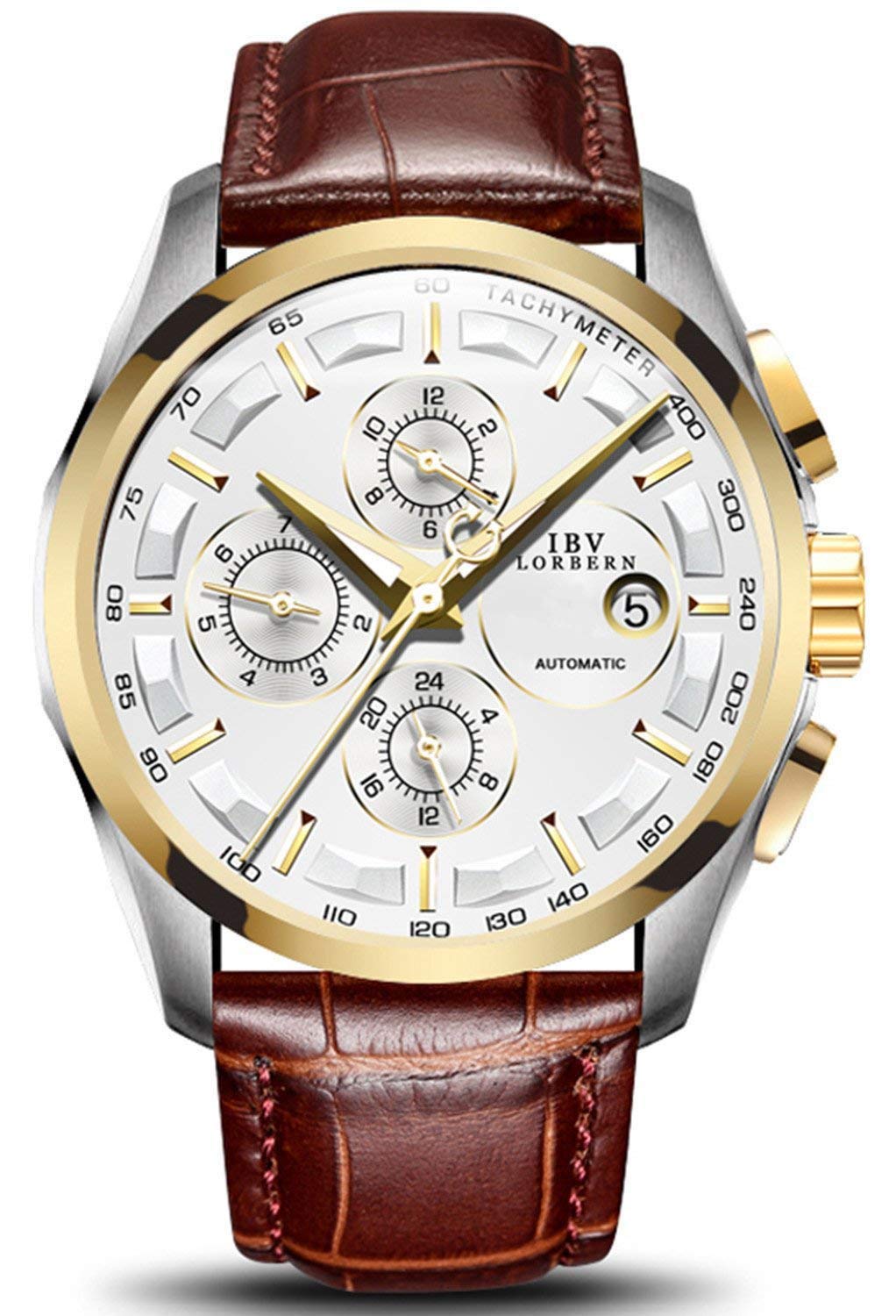 MASTOPSwiss Brands Men's Automatic Self-Wind Watch Stainless Steel with Brown Genuine Leather Band