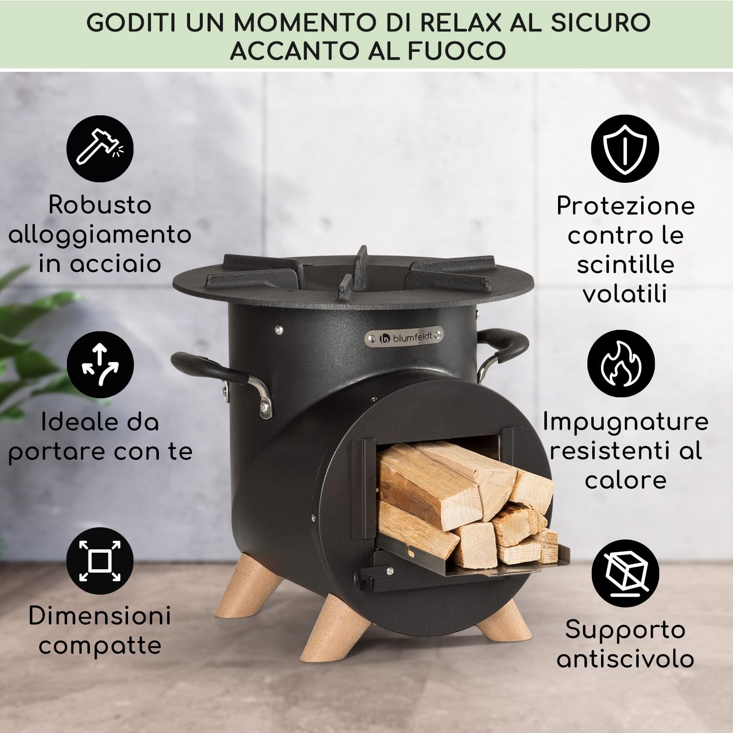 blumfeldt Braciere da Giardino Esterno, Braciere da Esterno Portatile, Braciere da Giardino con Griglia, Posacenere e Attizzatoio, Bracere Esterno Legna, Griglia Barbecue da Campeggio con Base Legno