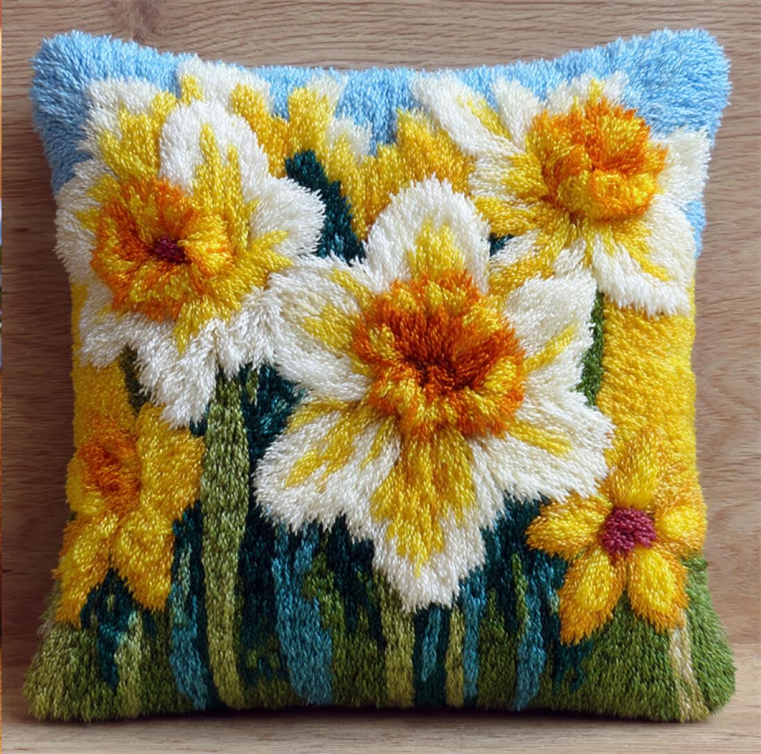 Kitquiver Cushion Making Kit Cartoon Flowers Cross Stitch Pillowcase Making Kits,DIY Latch Hook Rug Kit Embroidery 17x17In