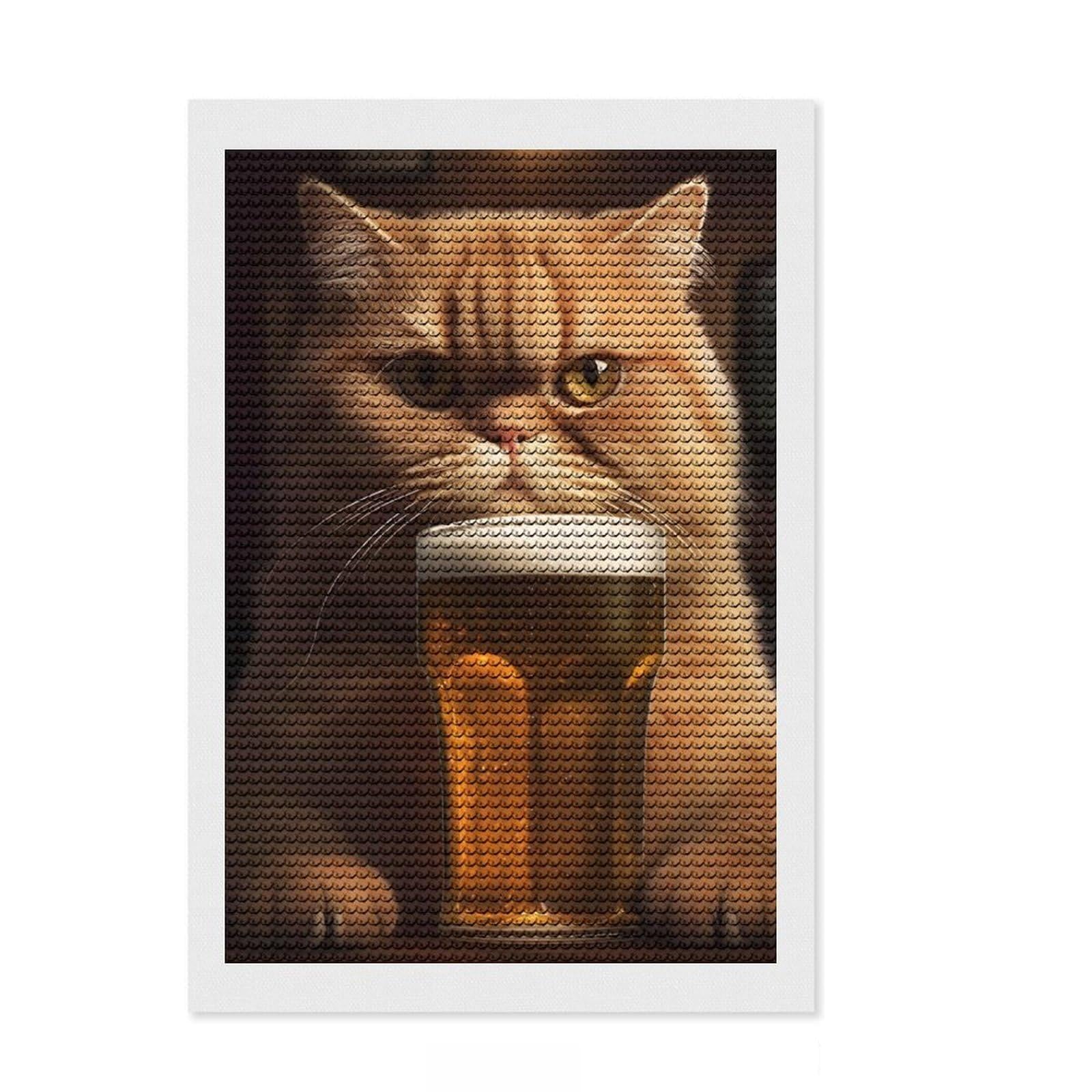 Junmoney Cute Cat Drinking Beer Diamond Painting Canvas Set 8"x12", Enjoyable At-Home Hobby, Adhesive Canvas, Cosy Home Accent, Christmas Gift
