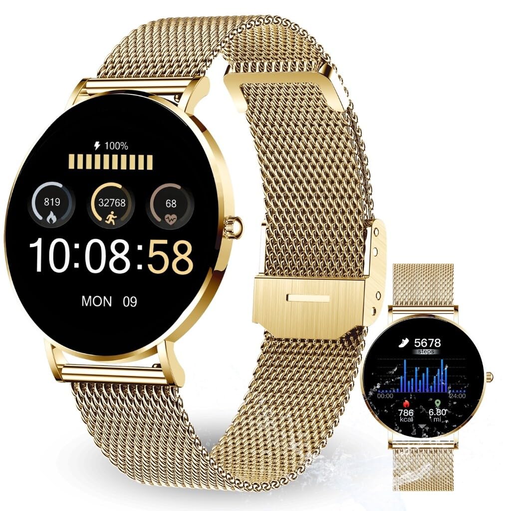 XCOAST Damen Smartwatch SIONA 2 Classic Gold 6.9mm flach AMOLED Display Fitness Tracker wasserfest