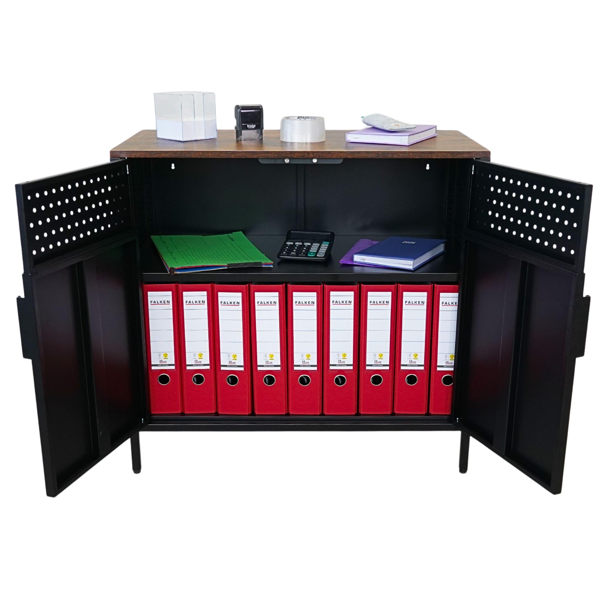 PROREGAL Aktenschrank Lion Metall mit Beinen Metallschrank Doppeltür mit Magnetverschluss 76x80x40cm Kommode 2 verstellbare Einlegeböden Stahl Vintagebraun/Schwarz Aufbewahrungsschrank Büroschrank