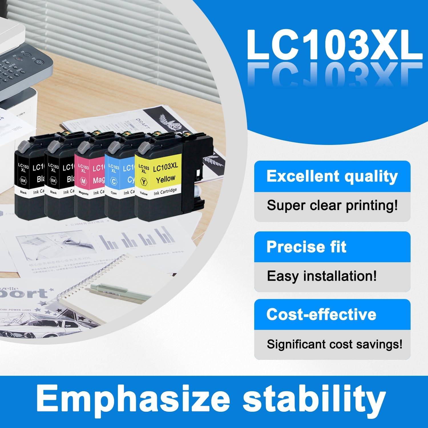 LC103 LC103XL Ink Cartridges Compatible Ink Cartridges Replacement for Brother LC101 LC103 LC103 XL with MFC-J870DW MFC-J6920DW MFC-J6520DW MFC-J450DW MFC-J470DW Printer (5 Pack, BK C M Y)