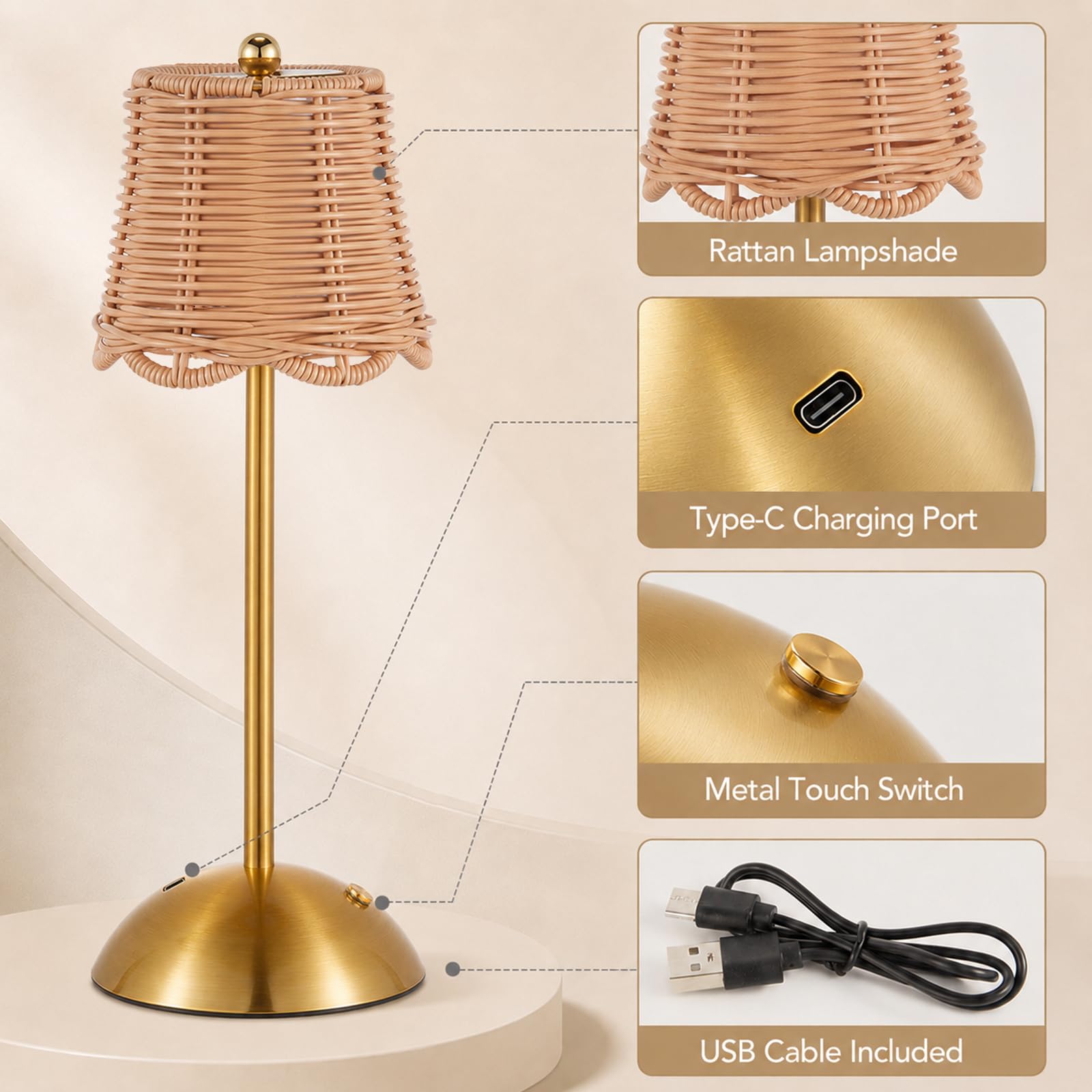 Lot de 8 lampes de table sans fil rechargeables dorées