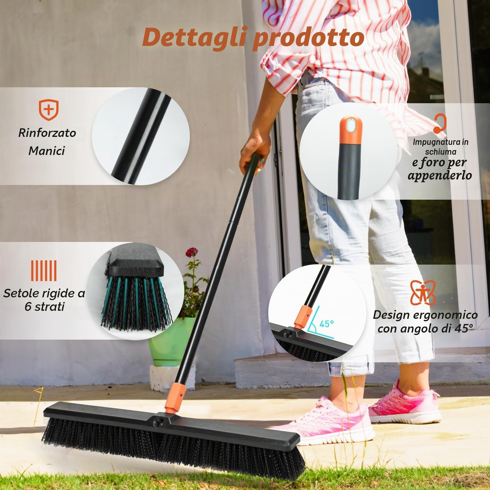 TreeLen Scopa a spinta da 61 cm per esterni, resistente, con manico lungo, setole rigide, per patio, cortile, garage, terrazza, vialetto, pulizia pavimenti in cemento
