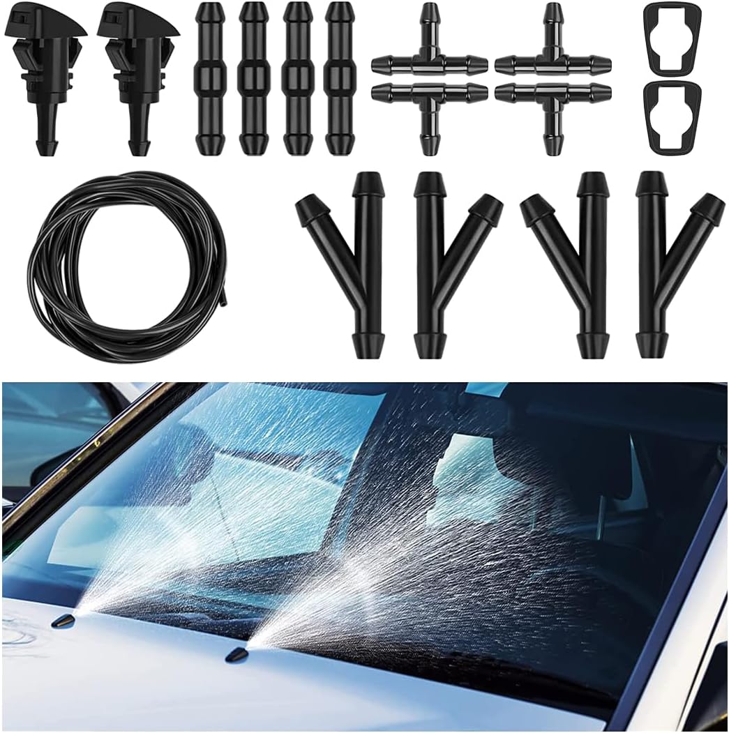 Car Windshield Washer Hose Kit, 5M Washer Fluid Hose with 12 Hose Connectors, Universal Connect Auto Water Pump & Nozzles Replacement, Suitable for Most Windshield Fluid Tubing