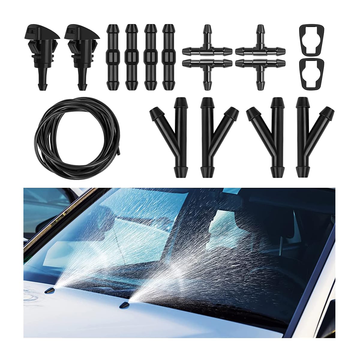 Car Windshield Washer Hose Kit, 5M Washer Fluid Hose with 12 Hose Connectors, Universal Connect Auto Water Pump & Nozzles Replacement, Suitable for Most Windshield Fluid Tubing