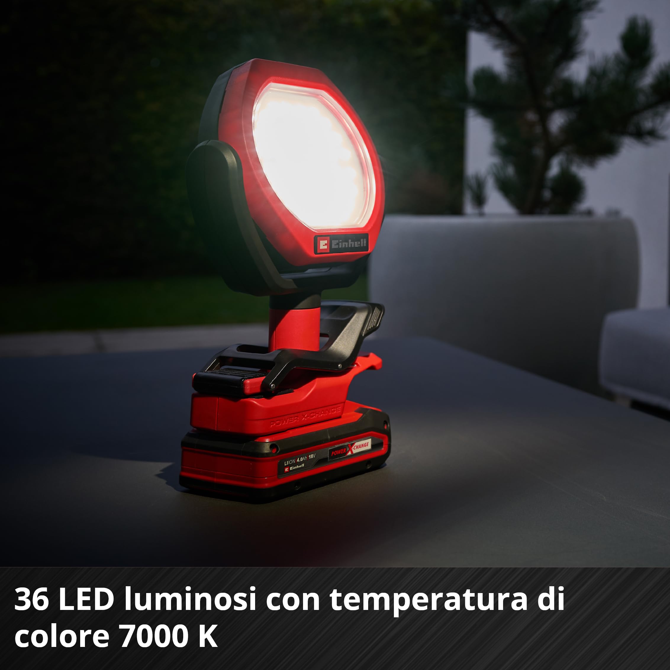 Einhell Outdoor Lampada a batteria GC-OL 18/1500 Li-Solo Power X-Change (18 V, 1500 lm, 7000 K, portata 4 m, testata orientabile, 3 stadi di illuminazione, batteria esclusa)