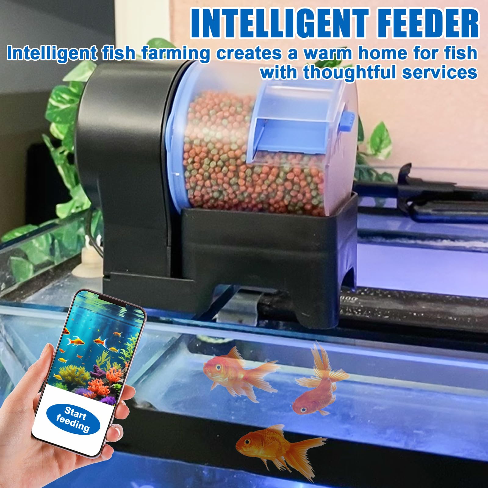 GOMETY Distributeur automatique de nourriture : 1 distributeur automatique de nourriture pour poissons en plastique, rechargeable par USB et alimenté par piles, résistant à l'humidité, pour les