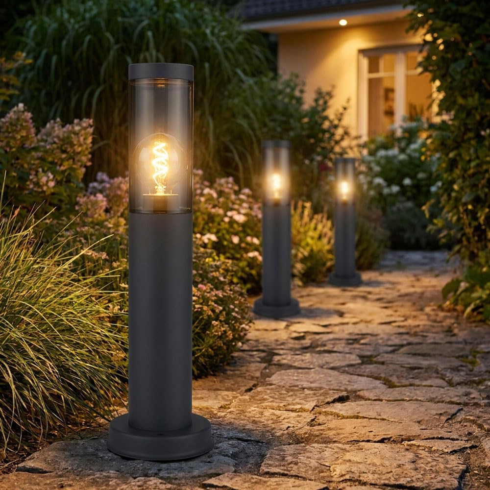 Wegeleuchte Pollerleuchte Außen Sockelleuchte Gartenlampen anthrazit, Standleuchte Balkon, Edelstahl rauchfarben, 1x E27 Fassung, DxH 7,6x45cm, 3er Set