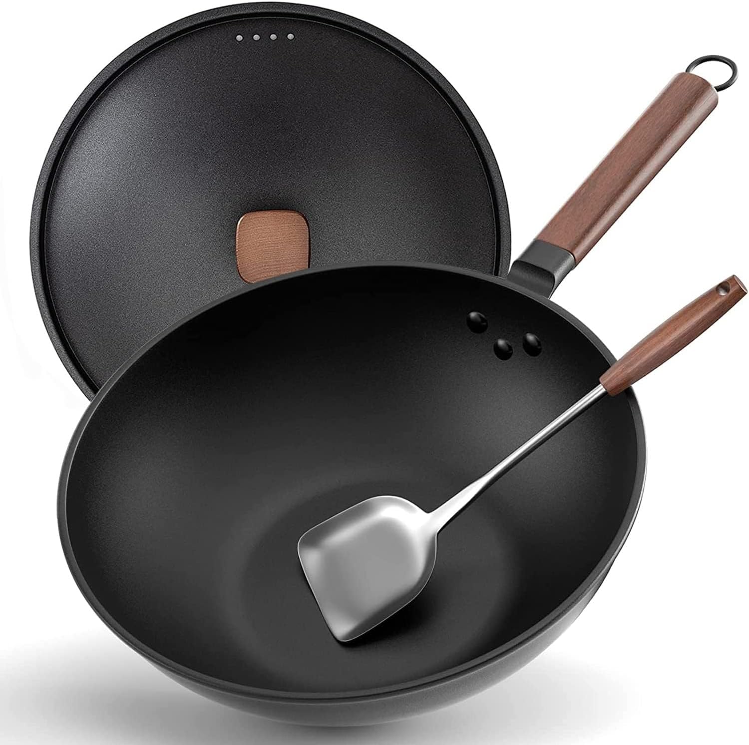 Carbon Steel Wok, 32cm Wok Pan with Lid and Spatula, Nonstick Woks and Stir-Fry Pans, No Chemical Coated Flat Bottom Chinese Wok for Induction, Electric, Gas, All Stoves, Black