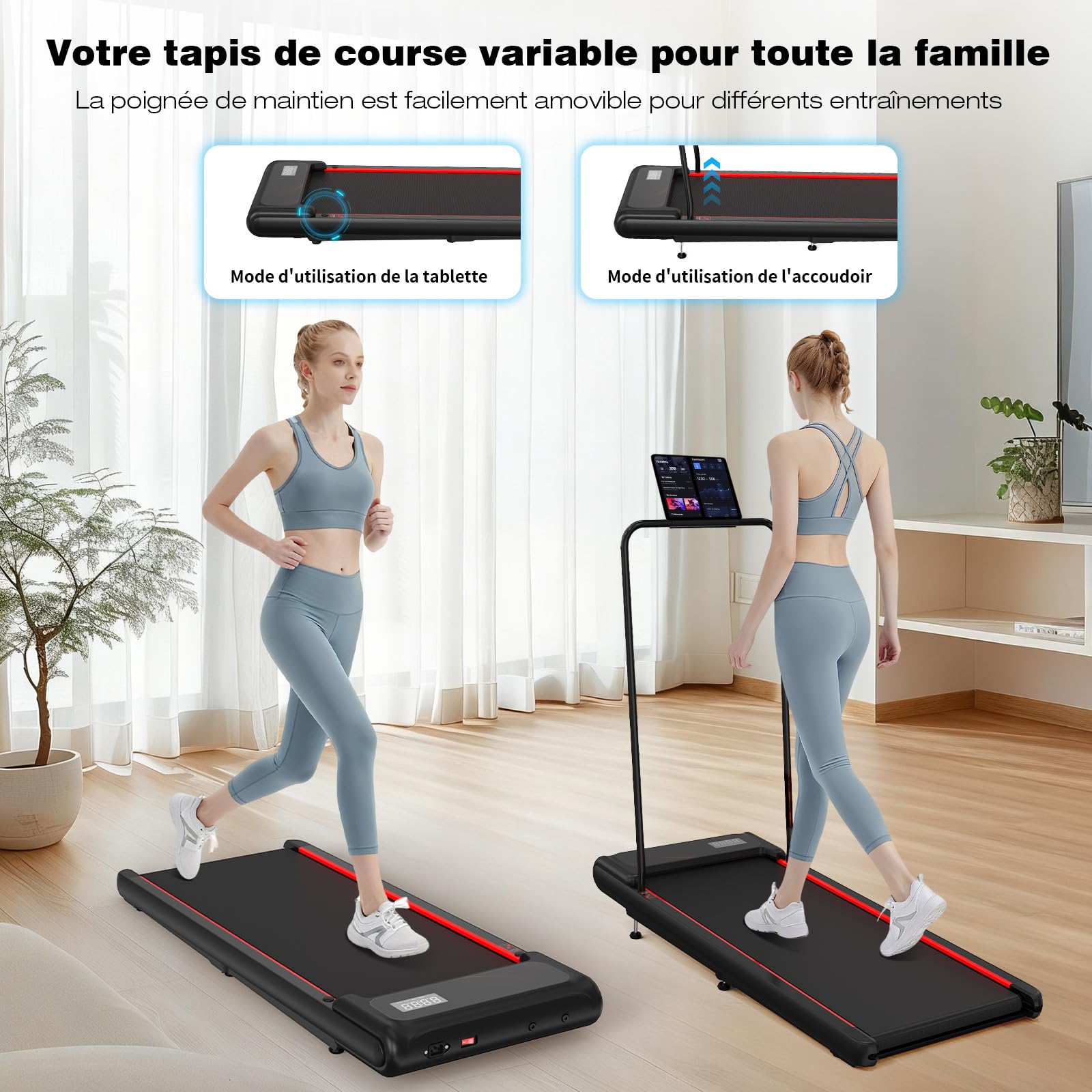 Tapis de Course, Tapis de Course Compact avec Poignée Amovible, Walking Pad 3 Niveaux Inclinaison (Black)