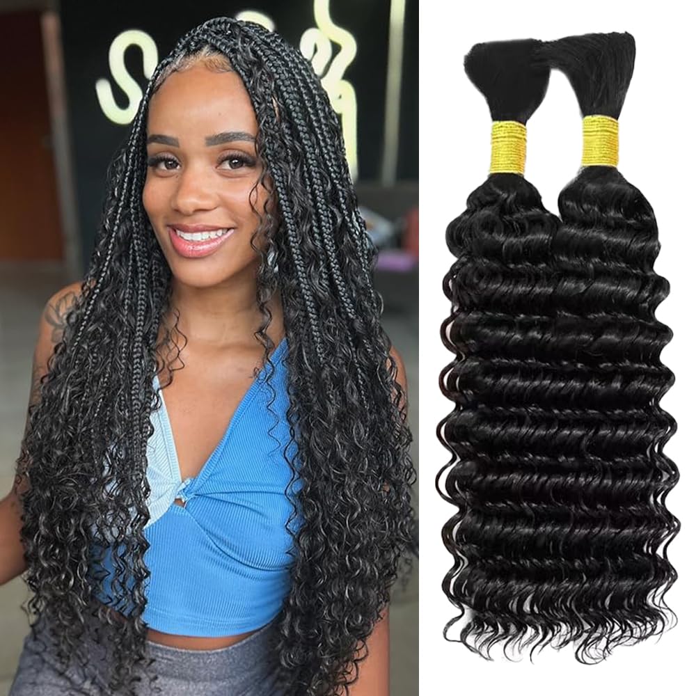 Human Braiding Hair 100g 2 Bundles 24 Inch Deep Wave Bulk Human Hair for Braiding No Weft Bundle 12A Brazilian Virgin Curly Human Hair Extensions for Boho Braids Wet and Wavy Human Hair Braiding Hair