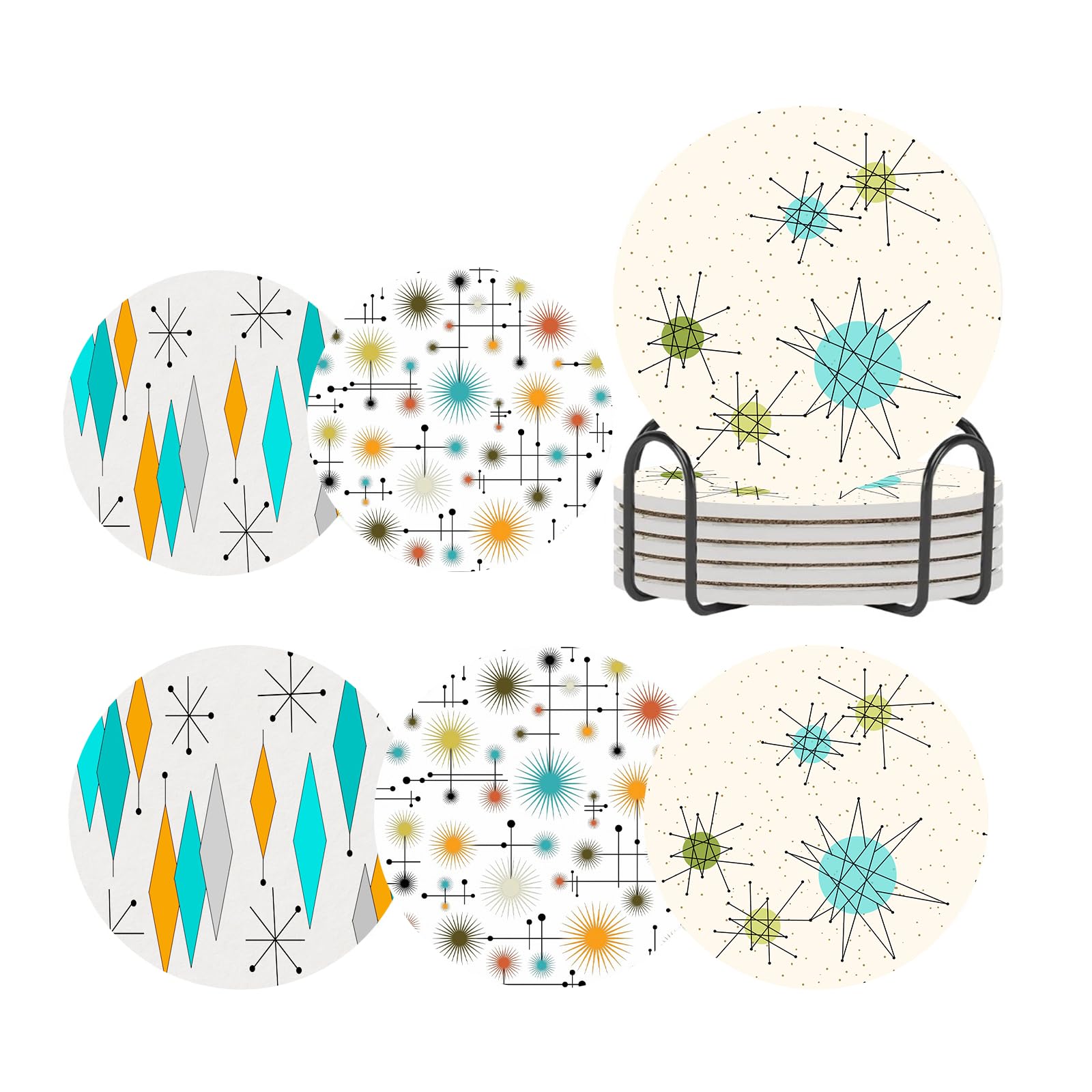 ubcindy Mid Century Coasters for Drinks Set of 6,Round Absorbent Ceramic Stone Coaster with Metal Holder Stand,Mid Century Modern Coasters with Cork