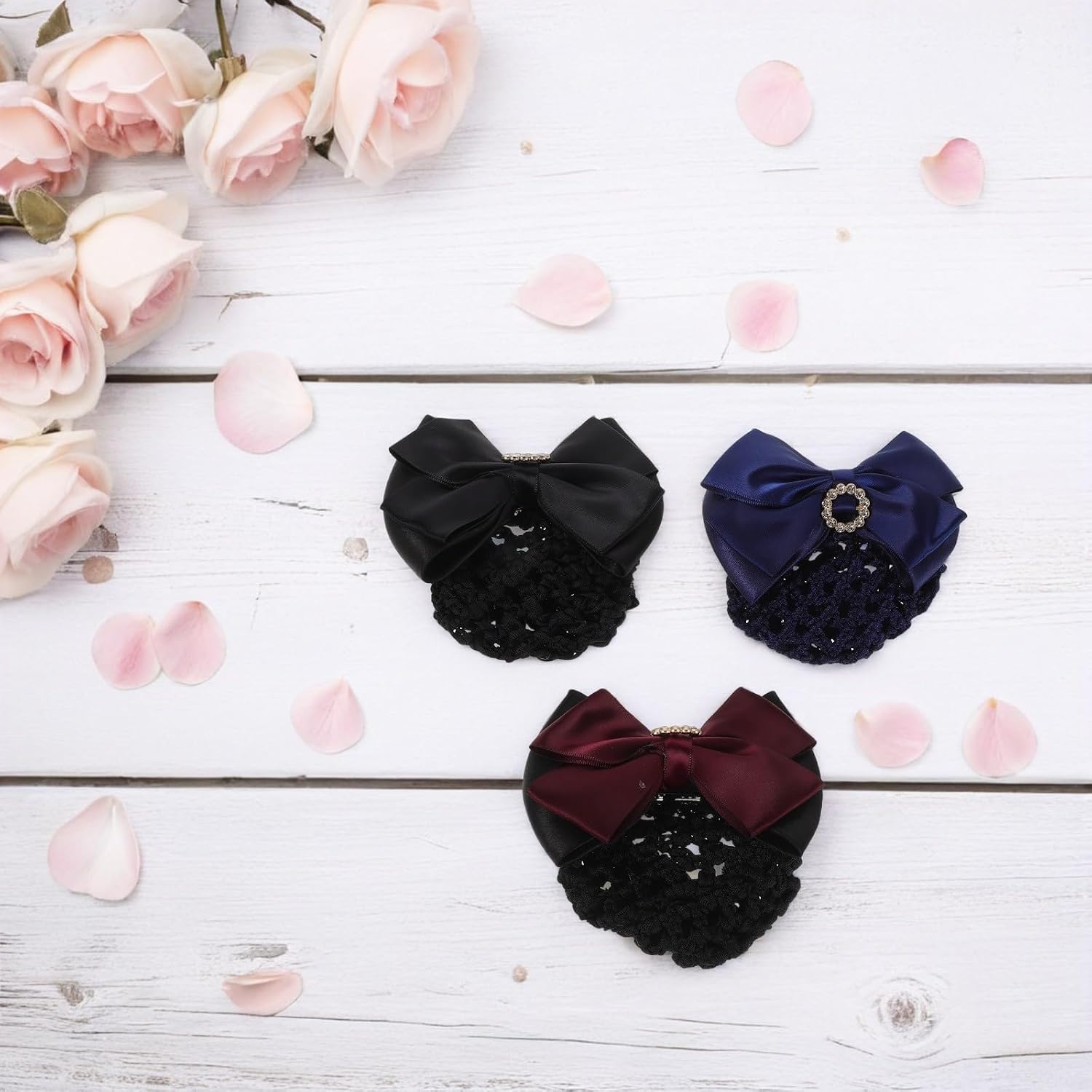 3pcs Elastic Mesh Hair Net with Bow Barrette for Women Elegant Cloth and Metal Hair Bun Shaper for Hospital and Ballet Dance Use