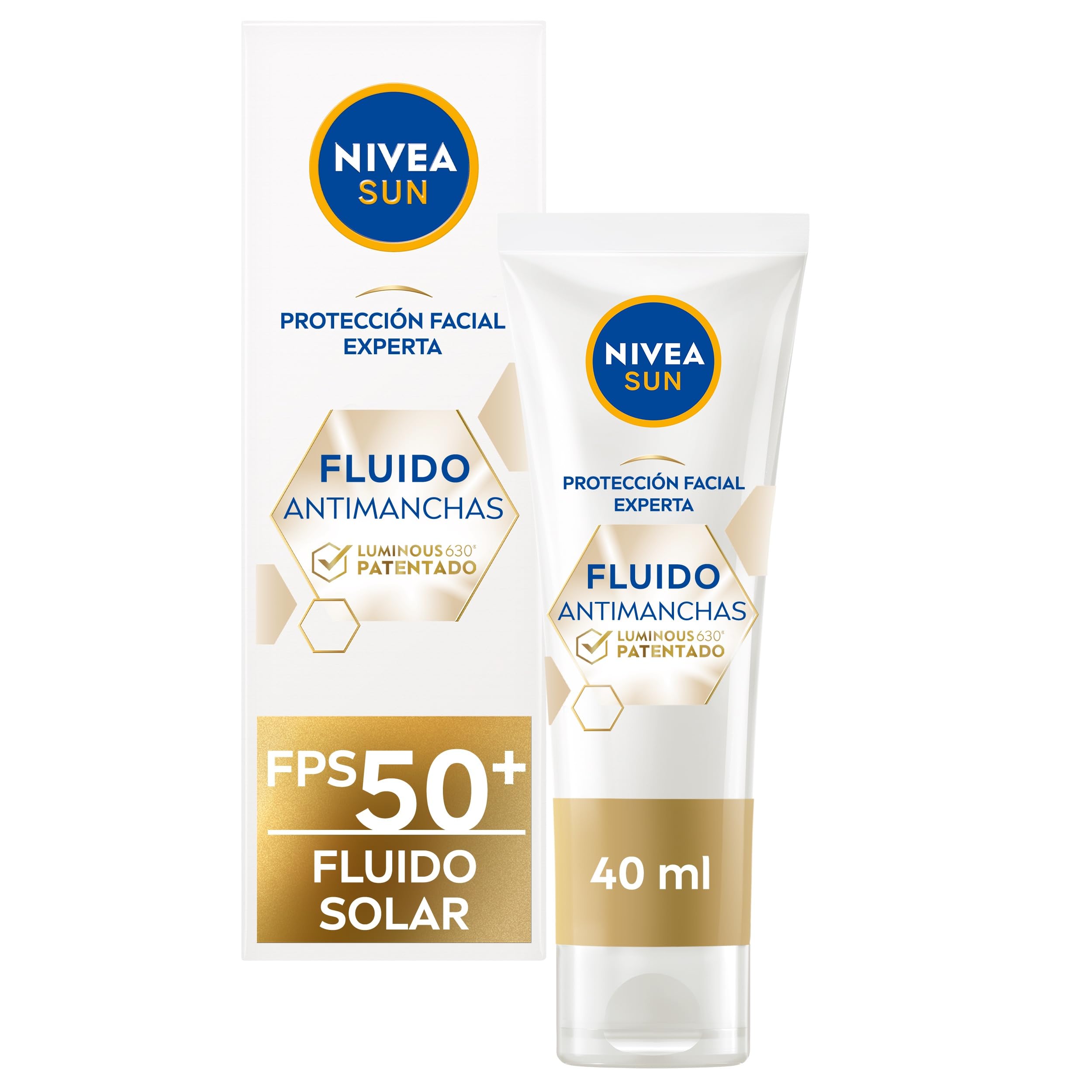 NIVEA SUN Fluido Facial Solar Luminous 630 FP50+ (1 x 40 ml), crema con protección solar, protector antimanchas con ácido hialurónico
