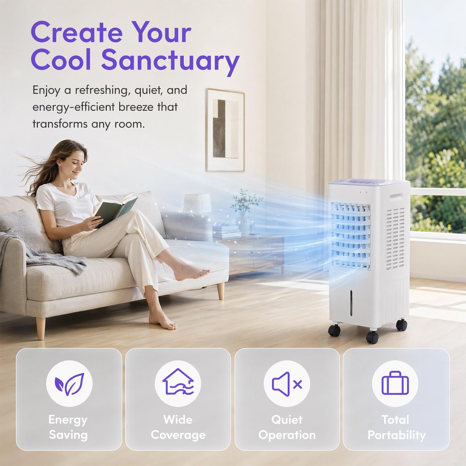 Rafraîchisseur d'air Design 4-en-1, Réservoir 12L avec Indicateur de Niveau, 2 Blocs de Glace, Télécommande, Écran, Climatiseur Mobile pour Intérieur Moderne