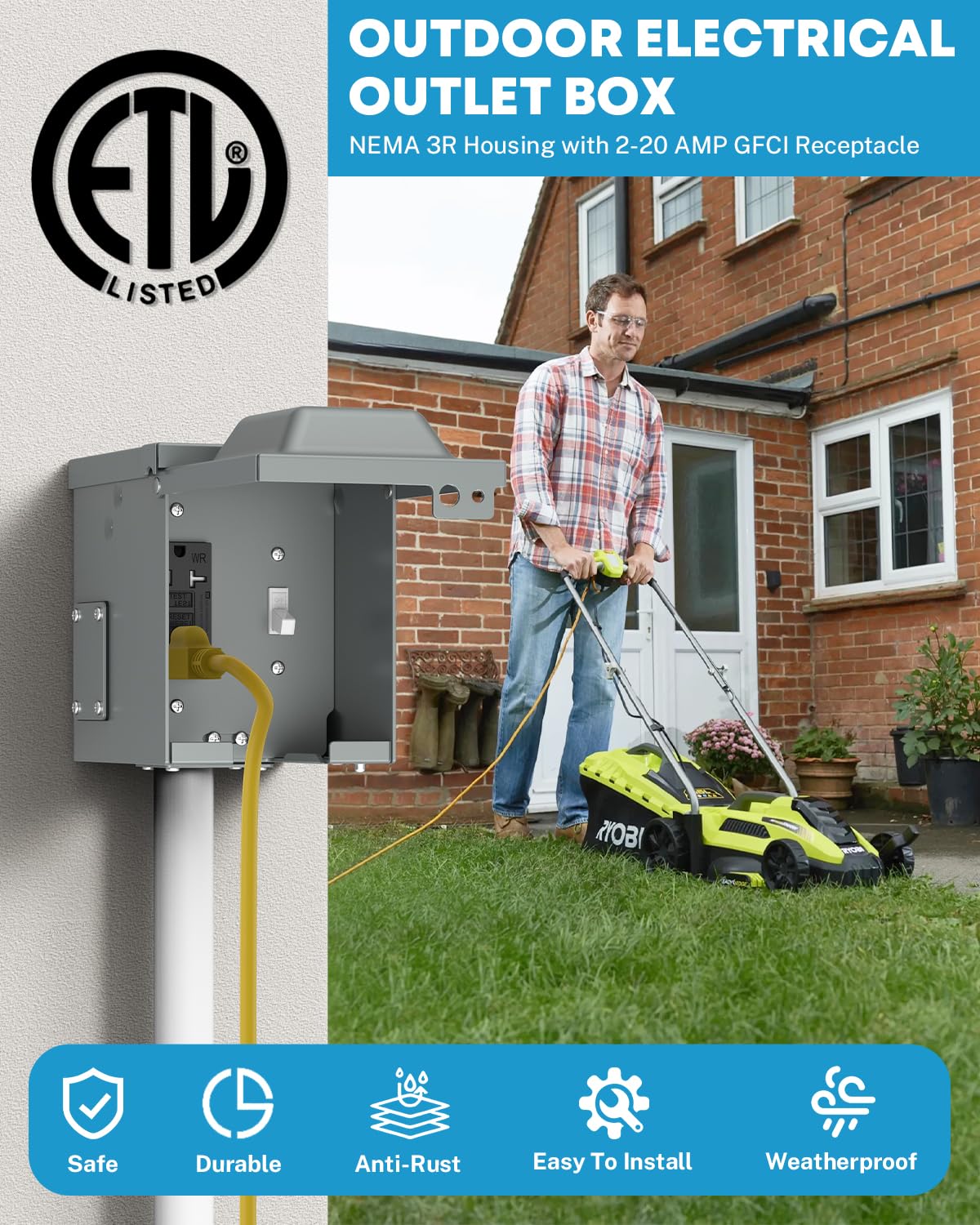 Kohree Waterproof Outdoor Electrical Box, 20 Amp Lockable Outdoor Outlet Box with Cover, WRTR GFCI Receptacle Plug, Rainproof 3R Enclosure, ETL Listed