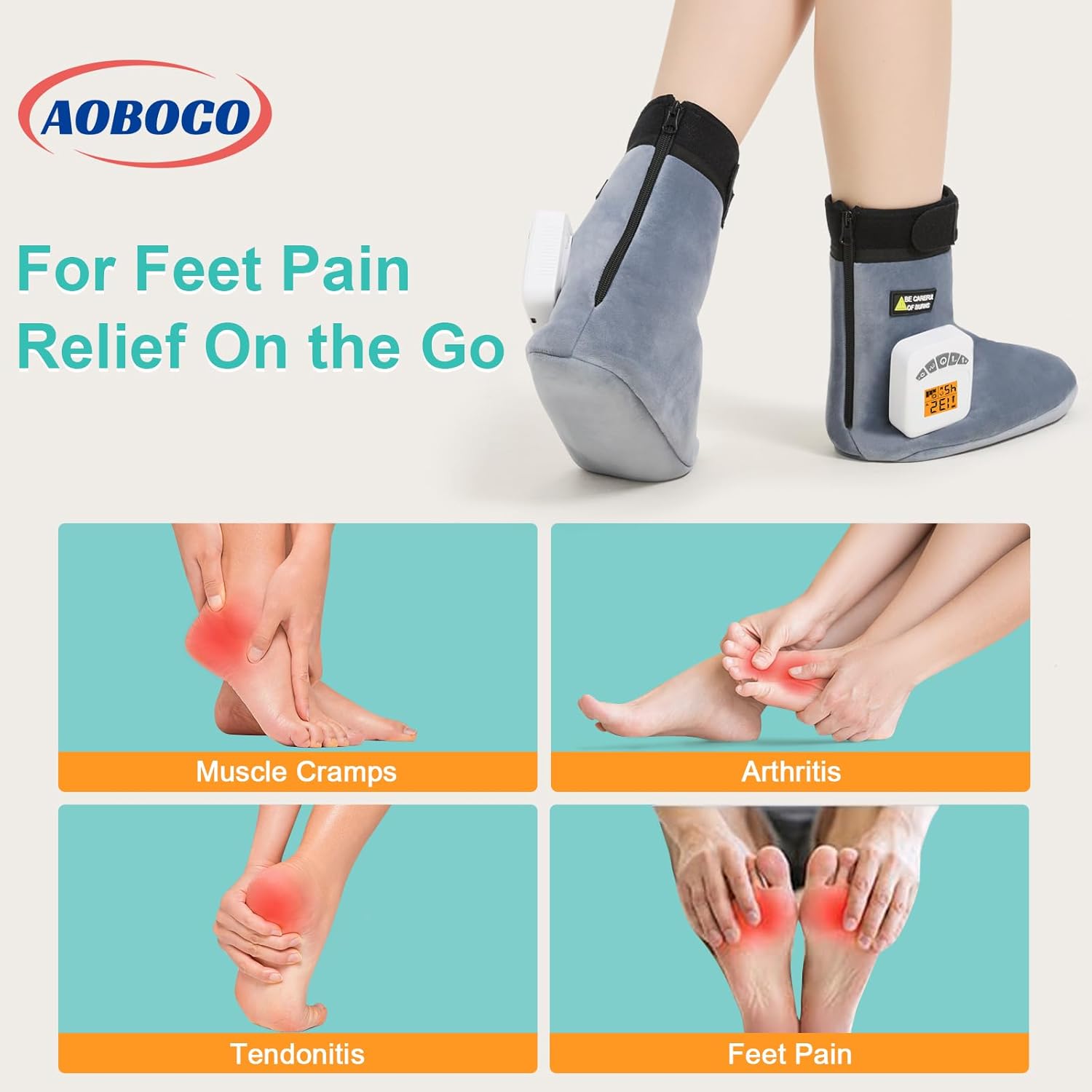 AOBOCO Feet Warmers for Massager - Cordless Feet Heating Pad for Achilles Tendonitis, Portable Heated Ankle Brace with 5000mAh Rechargeable, 104℉-140℉ Heat Levels, 3 Vibration Modes