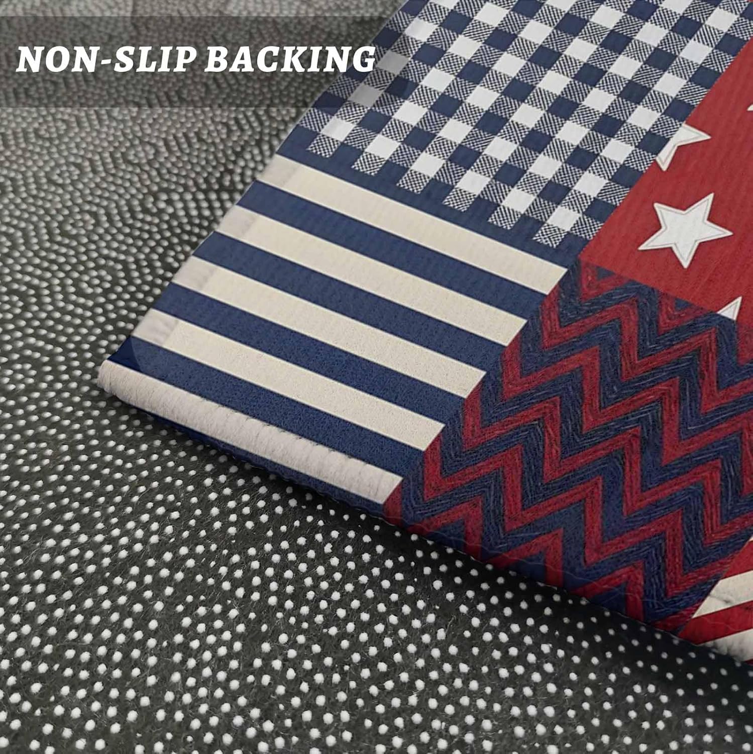 Kitchen Mats for Floor 250th Anniversary Patriotic Patchwork Washable Non Slip Kitchen Rugs 2PCS, Red White Blue Plaid Absorbent Standing Mats for Sink Office Living Room 15.7x23.6in+15.7x47.2in