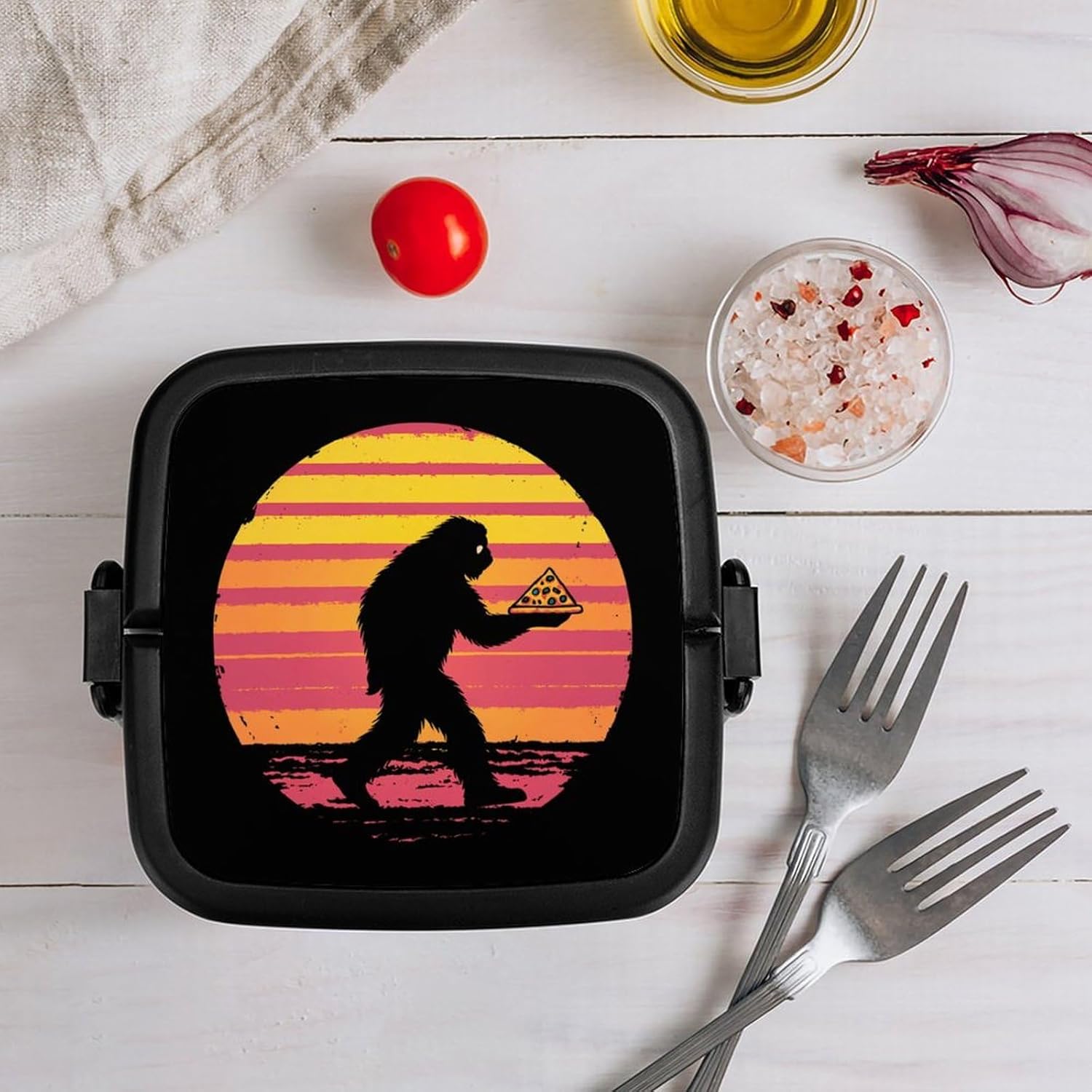 Sasquatch Bigfoot Eating Pizza Bento Box with Spoon 2 Layer Food Container Cute Lunch Box for Travel Dining Work