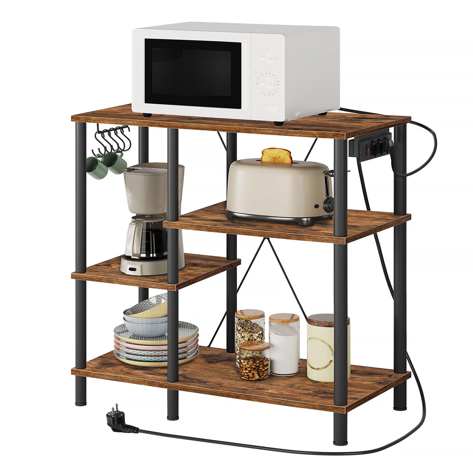HOOBRO Küchenregal, Standregal mit Steckdosen, Bäckerregal, Mikrowellen-Regal mit 5 S-förmigen Haken, 38 x 90 x 86 cm, für Küche, Wohnzimmer, Retro-Braun und Schwarz EBF19CHB01