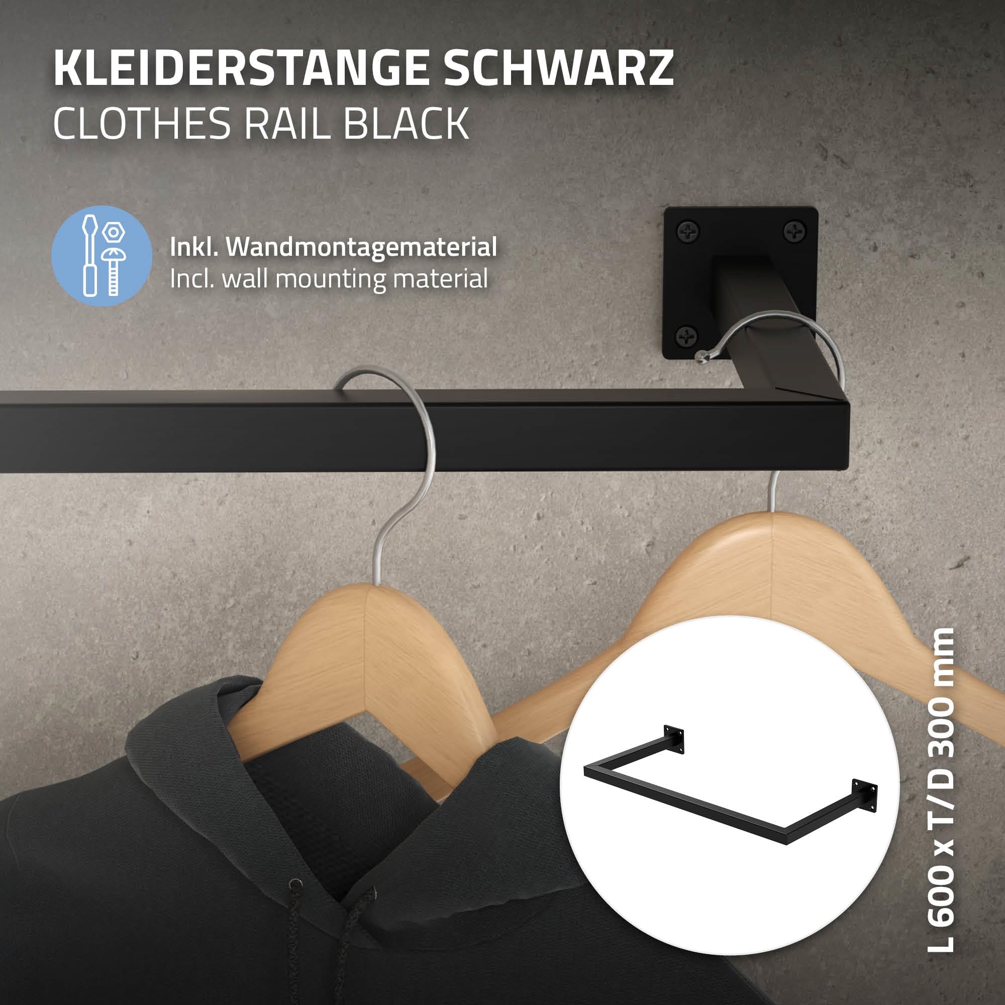 ML-Design Zestaw 3 Prostokątnych Wieszaków na Ścianę, Gł. 30 cm x Szer. 60 cm, Czarny, Wykonany ze Stali, Kształt Litery U, Wieszak Ścienny na Płaszcze, z Materiałem Montażowym