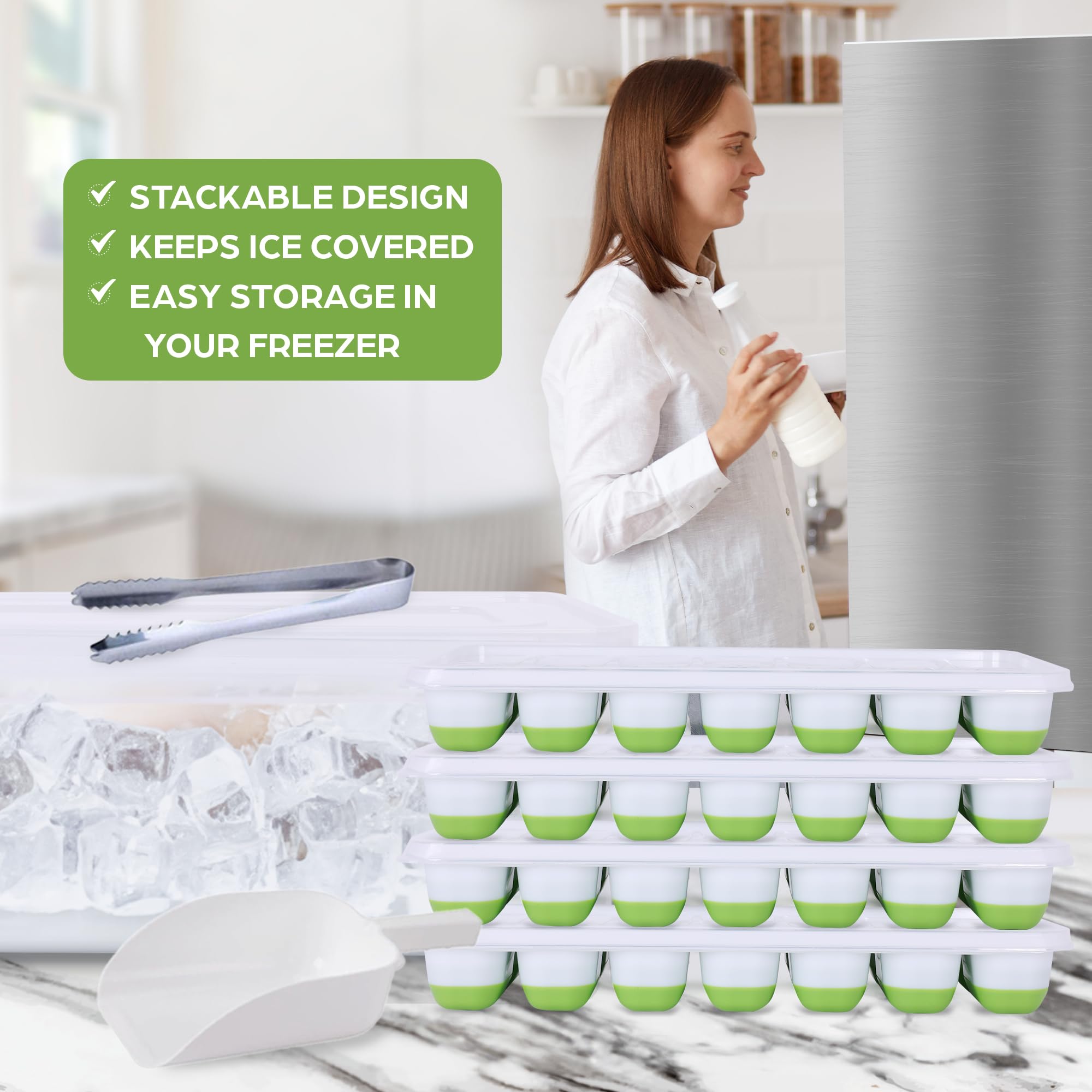 Juego combinado de cubo de hielo y 4 bandejas, contenedor grande y tapa cubierta, 4 bandejas de silicona y apilables para cubitos de hielo, pinzas y cuchara de hielo incluidas (4